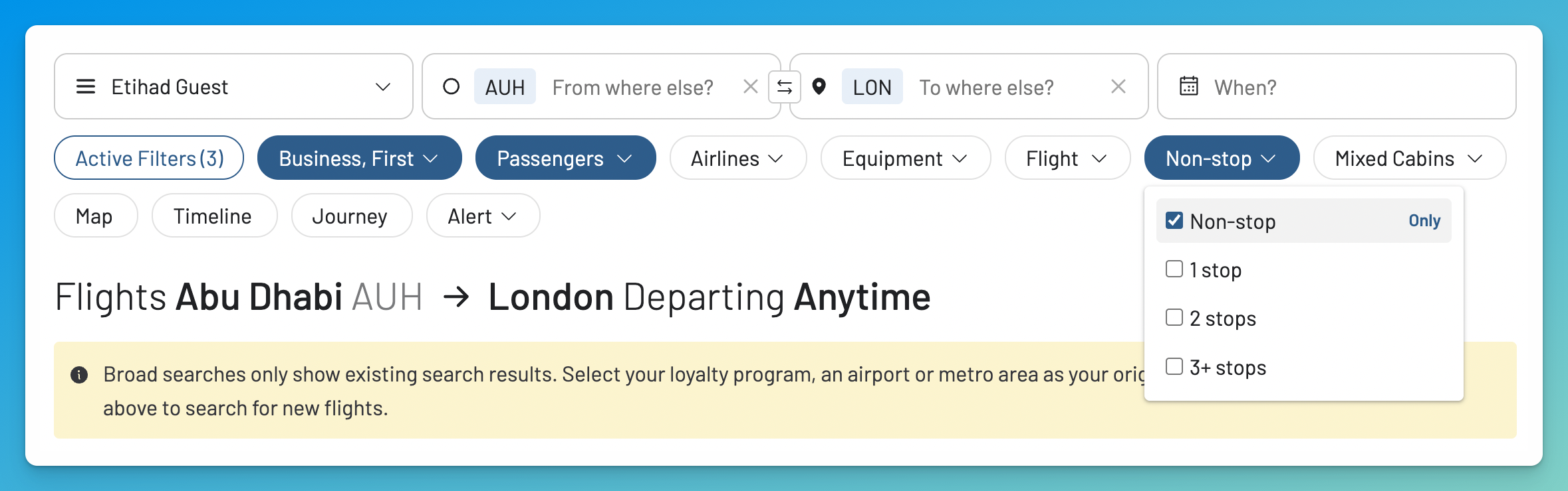 AwardFares search filters set to Business and First Class and non-stop Etihad Guest flights from Abu Dhabi to London.