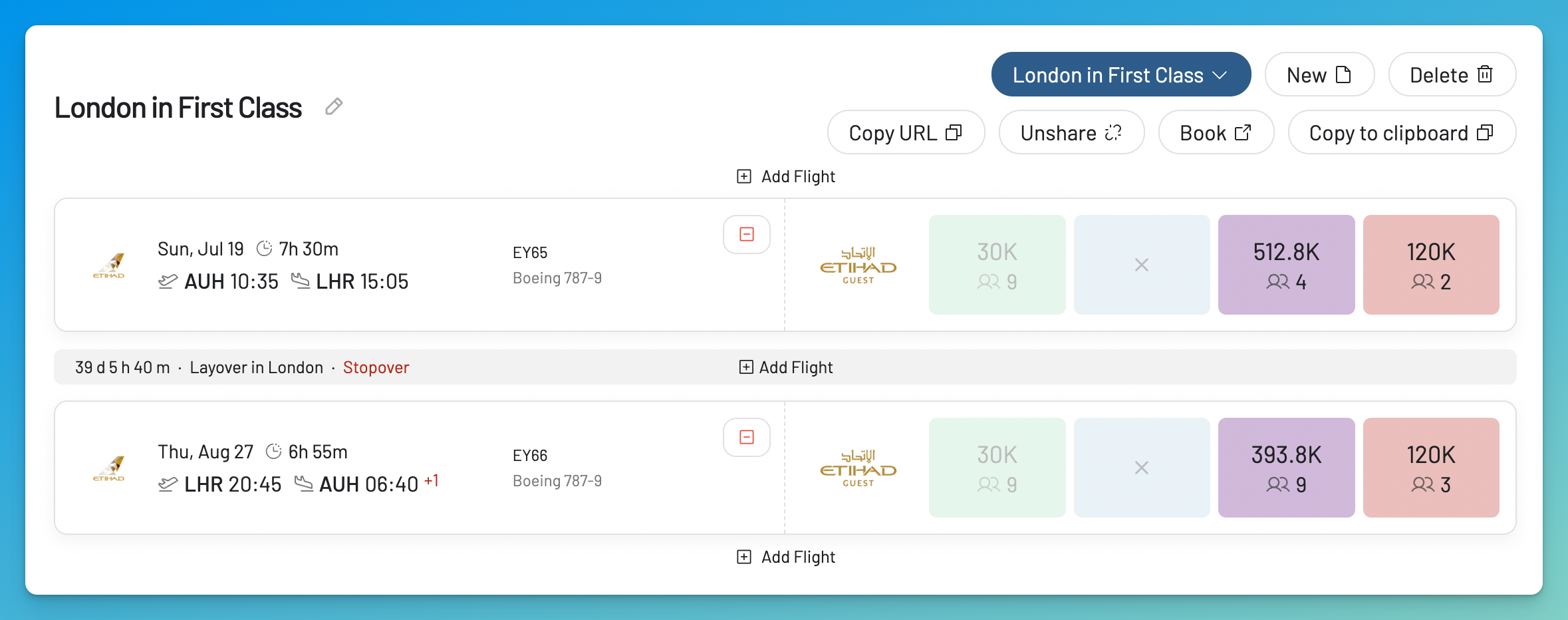 AwardFares Journey Planner with Etihad First Class flights from Abu Dhabi to London and back.