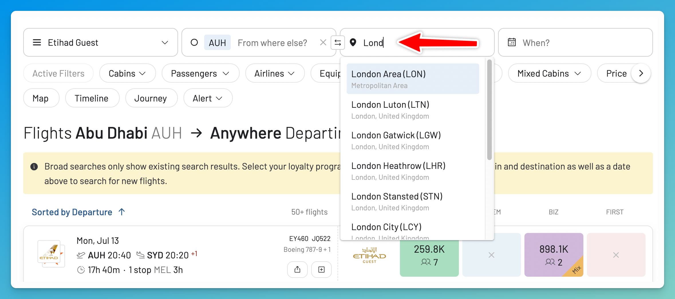 Entering Abu Dhabi and London in the AwardFares origin and destination fields.