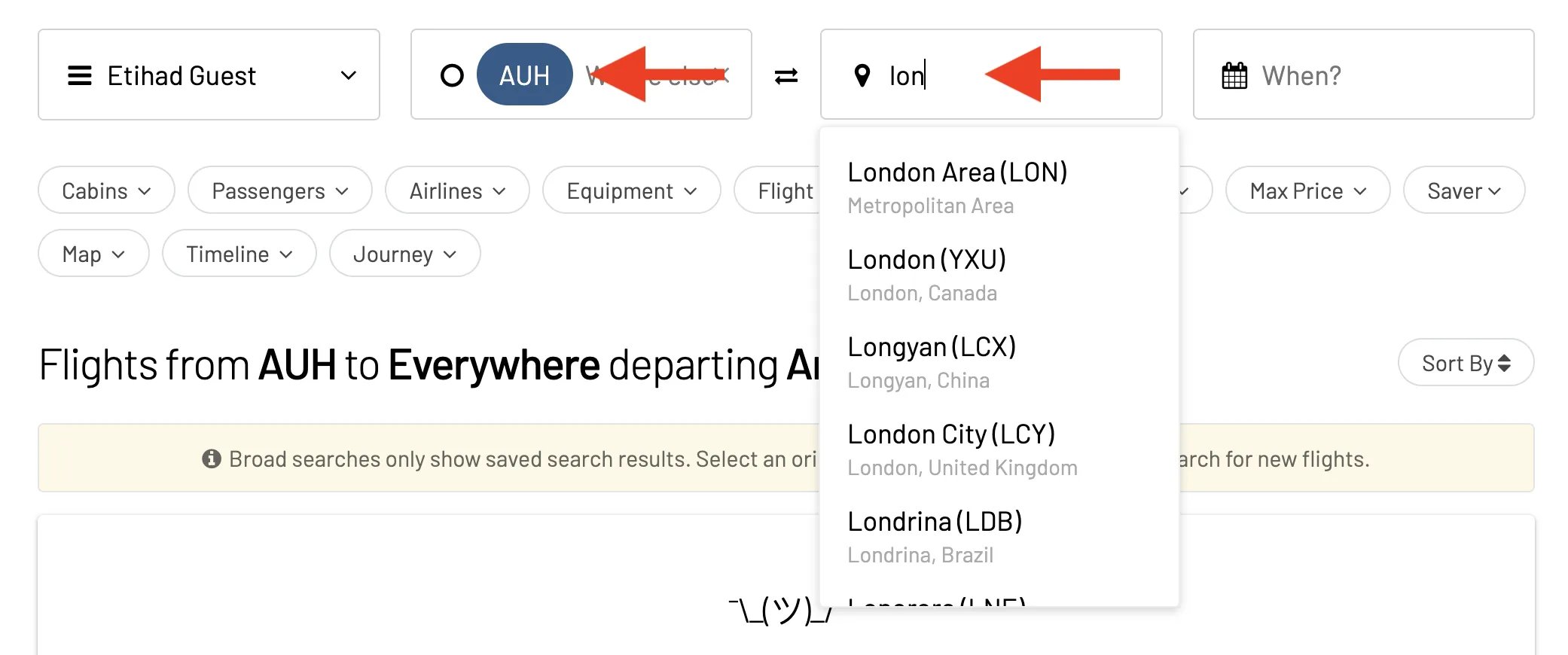 Select a route when searching a Etihad Guest in AwardFares.