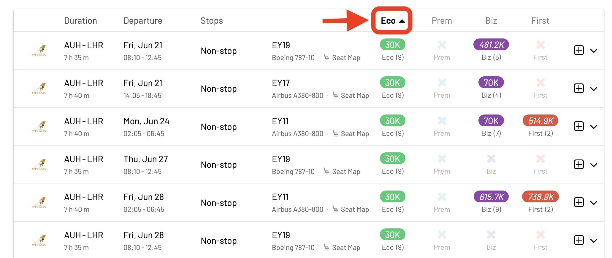 Find the cheapest Etihad Guest awards in Economy Class.