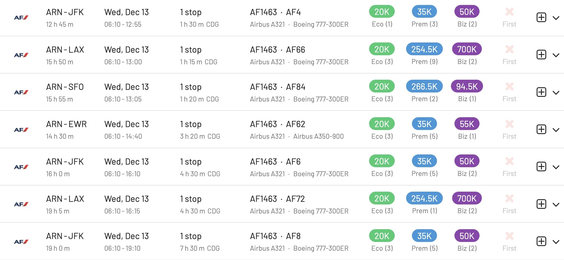 Paris or Amsterdam to New York Flying Blue Award Flights.