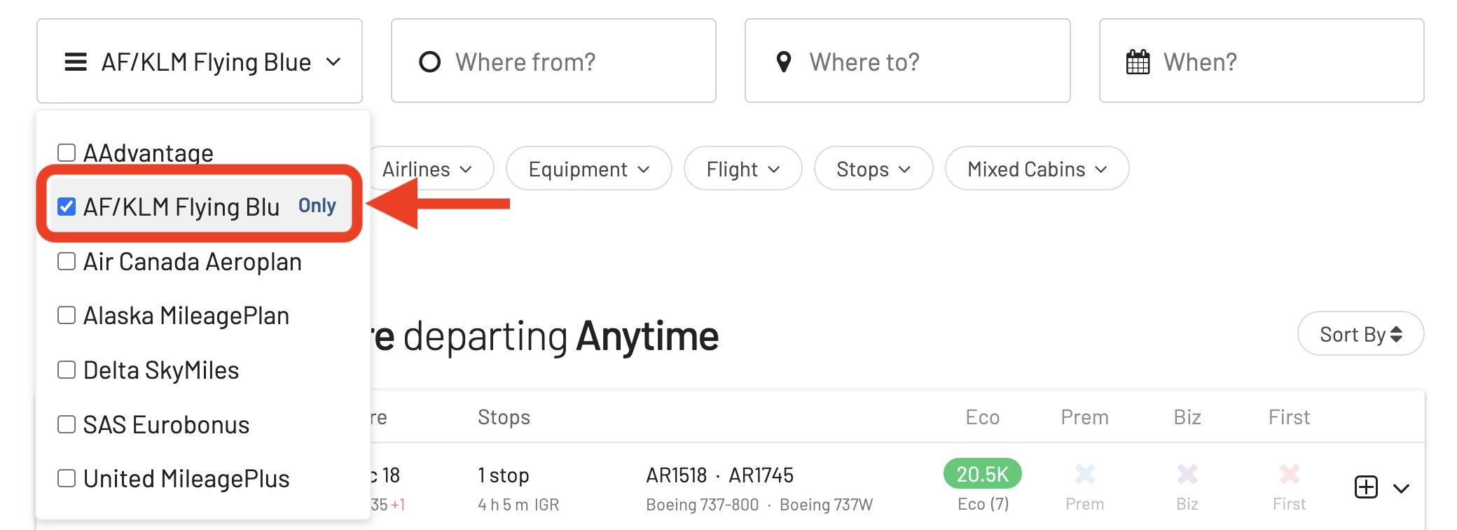 Select Flying Blue in AwardFares.