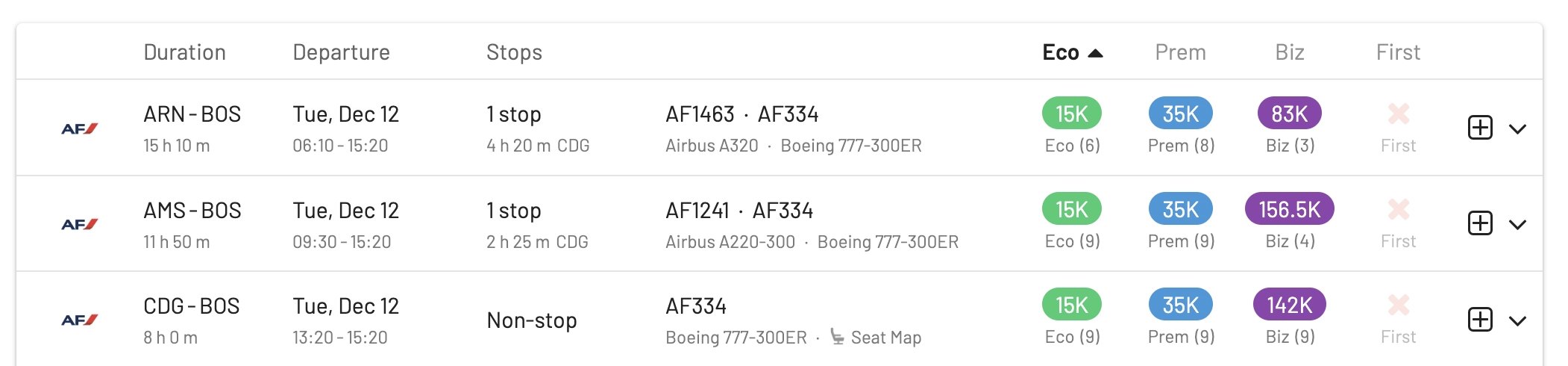 Flying Blue Promo Rewards in AwardFares: Europe to Boston.