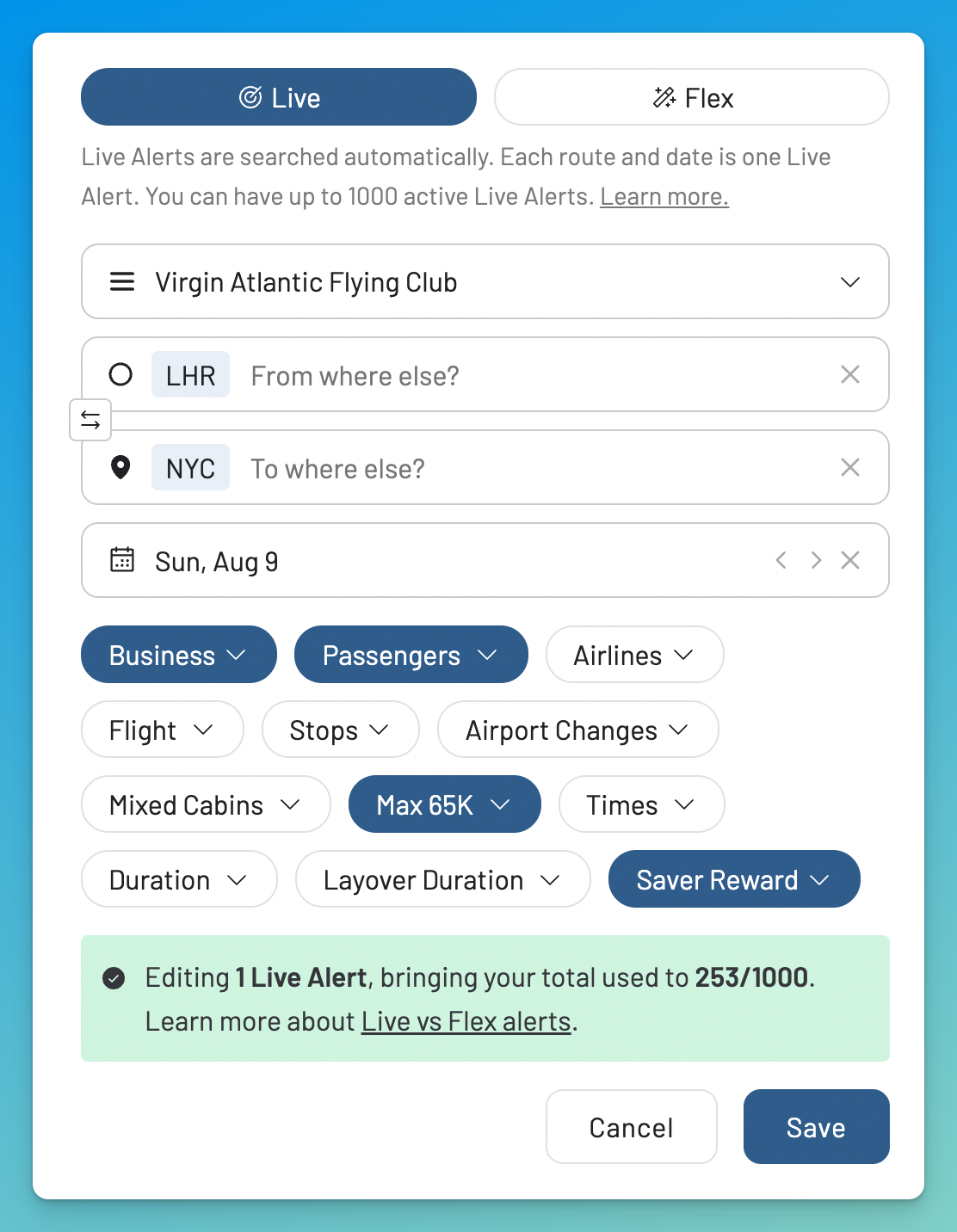 Creating an AwardFares alert for a Flying Club award flight.