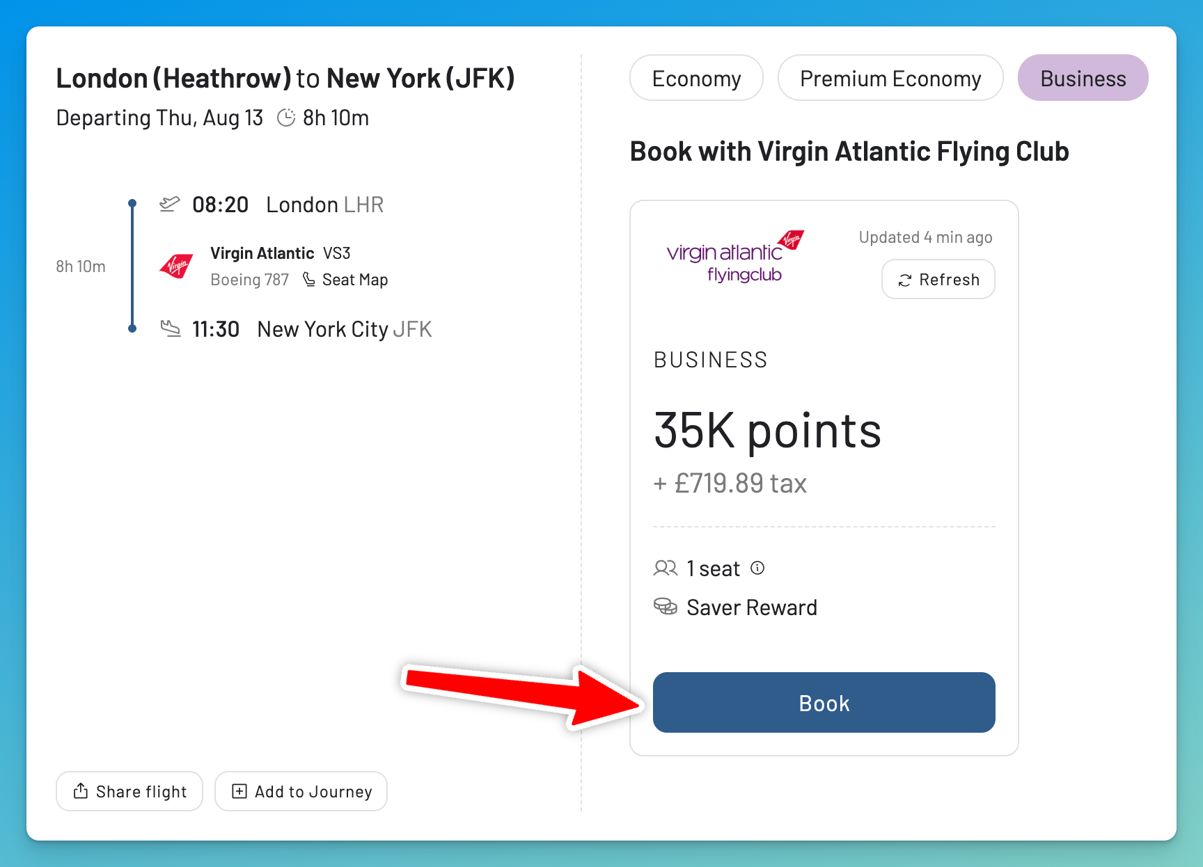 Click Book in AwardFares to start booking a Flying Club award flight.