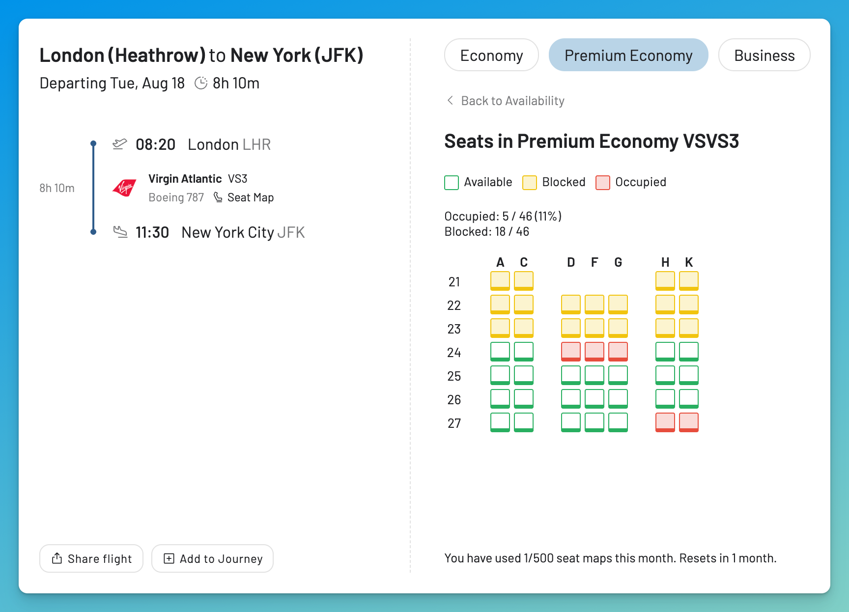 Expanded flight details for a Virgin Atlantic Flying Club award in AwardFares, including aircraft type.