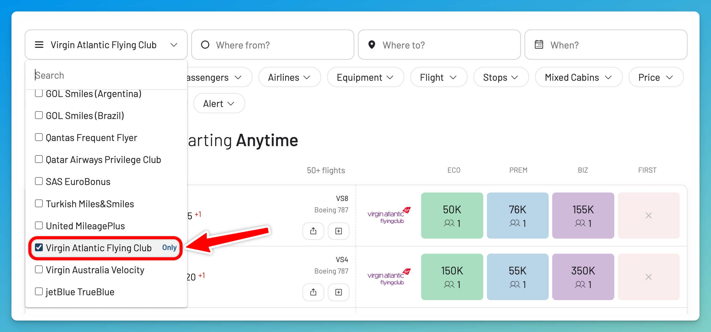 Select Virgin Atlantic Flying Club in the AwardFares loyalty program picker.