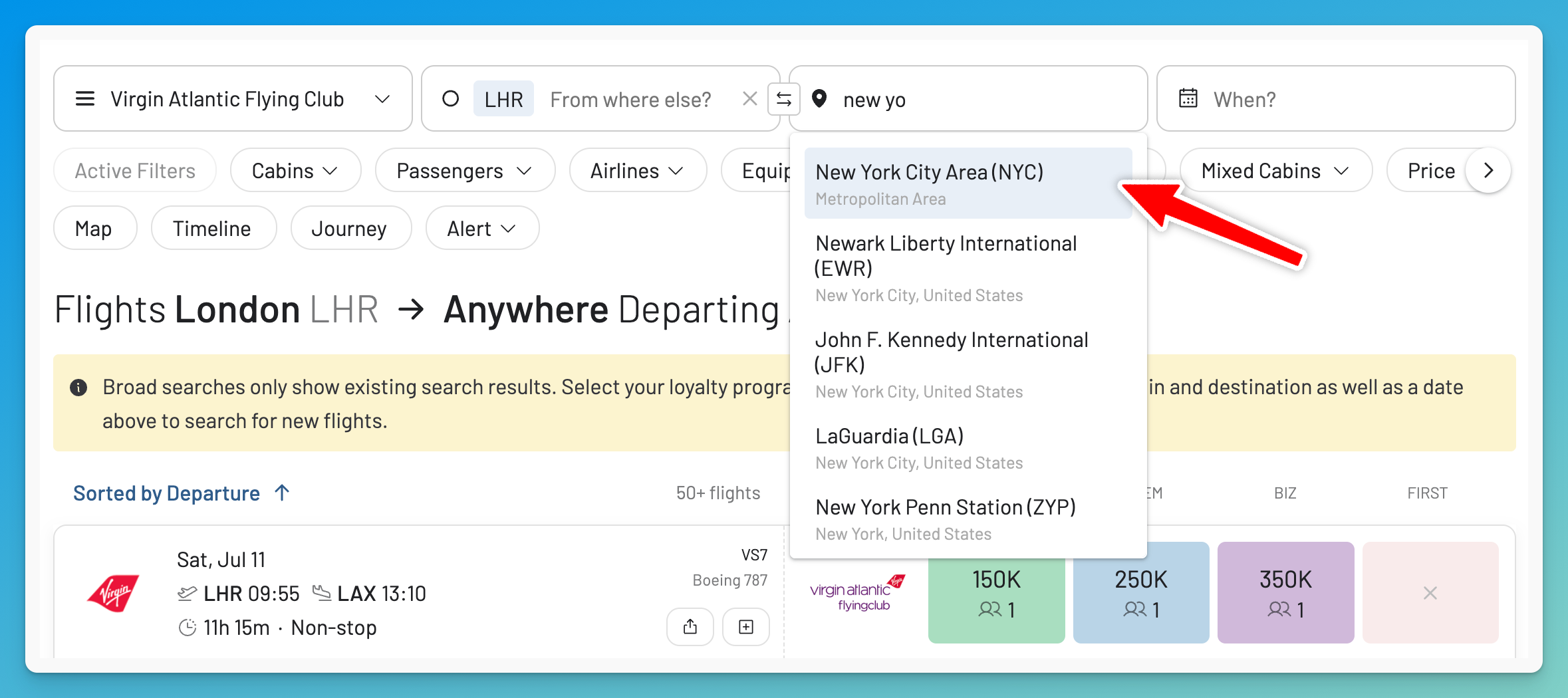 Add an origin and destination to search Flying Club award flights in AwardFares.