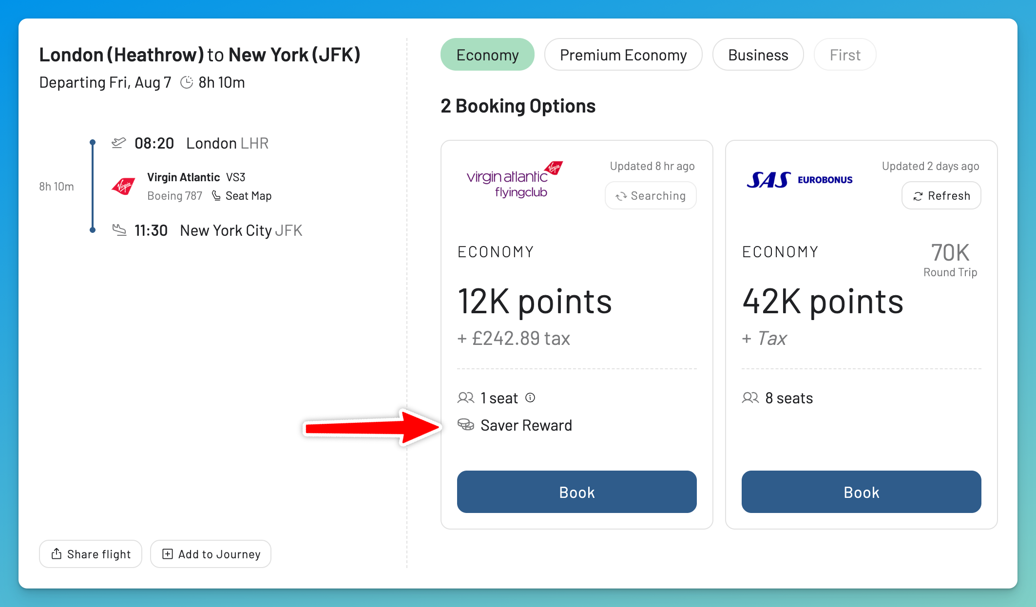 Virgin Atlantic Saver reward seat details and points price in AwardFares.