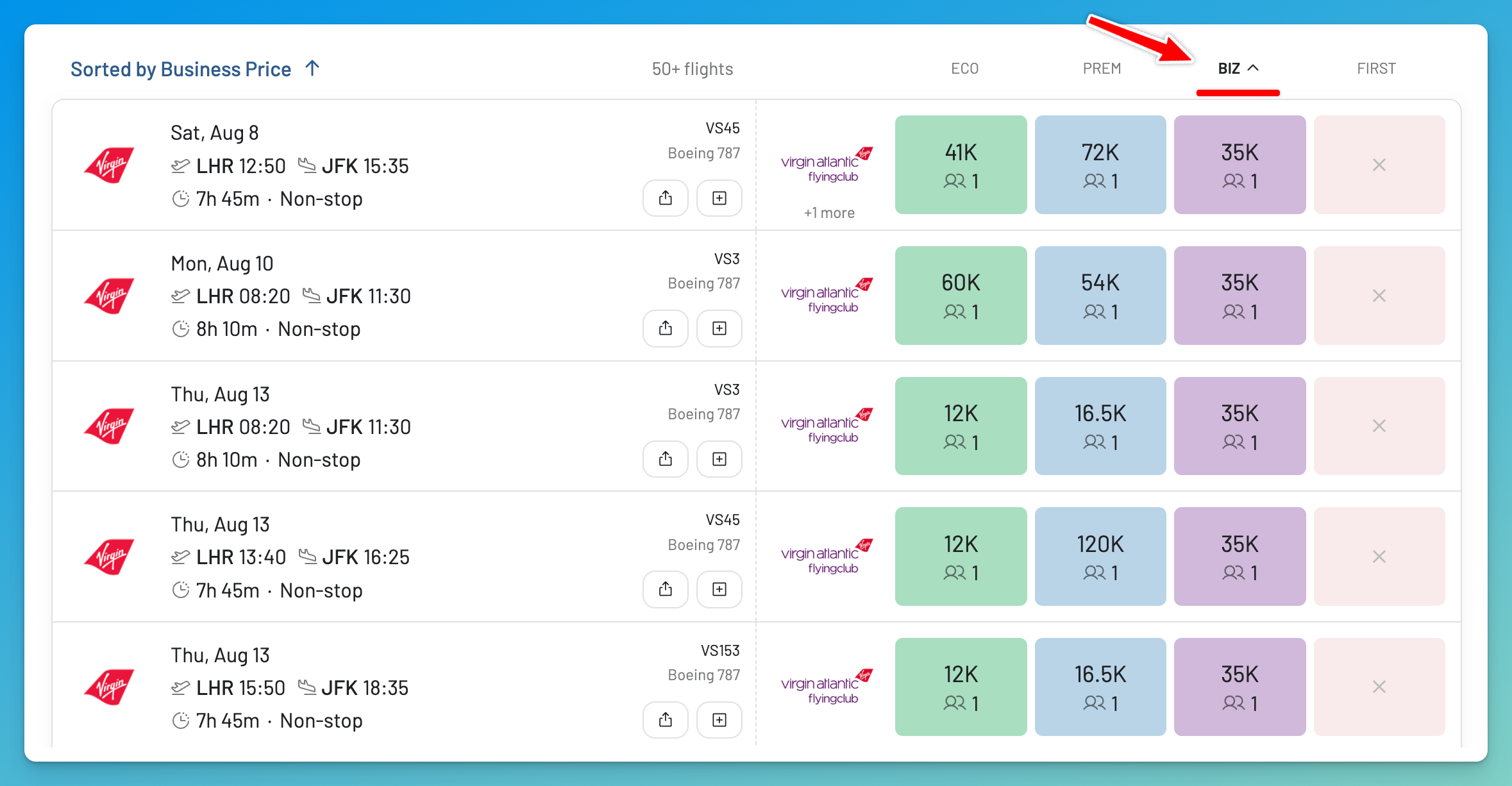 Sorting Virgin Atlantic Flying Club award results by the lowest points price in AwardFares.