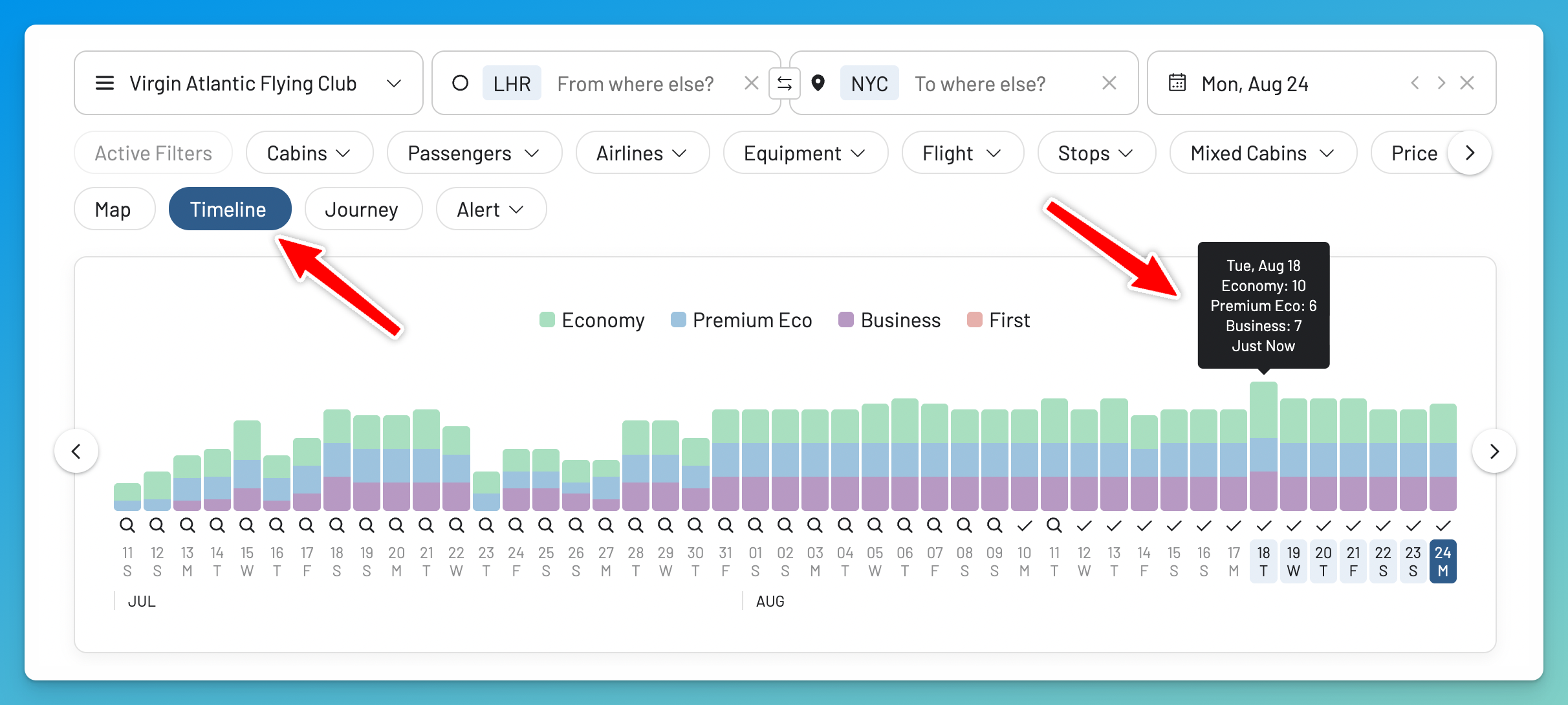 Explore Flying Club award flights in AwardFares with Timeline View.