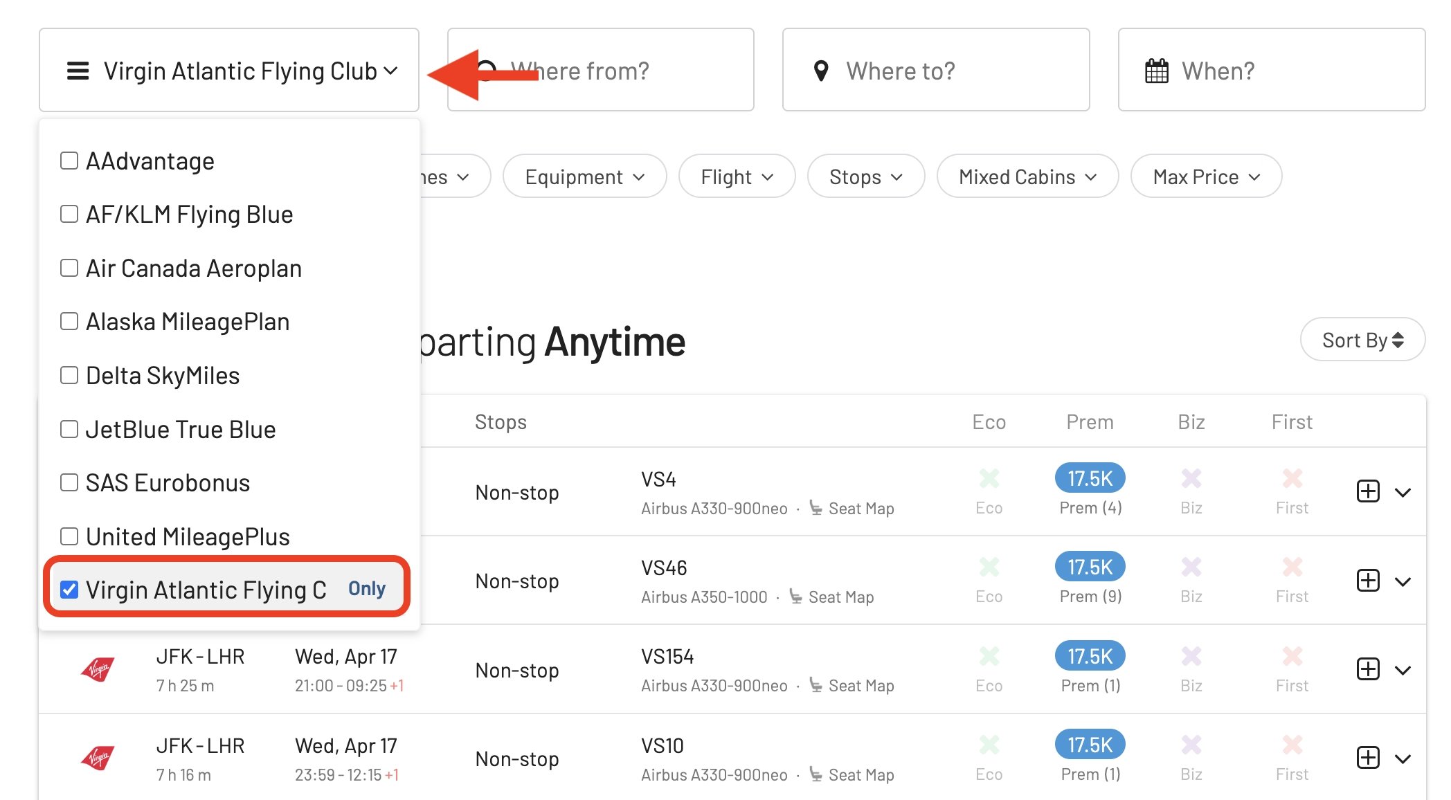 Select Virgin Atlantic Flying Club in AwardFares.