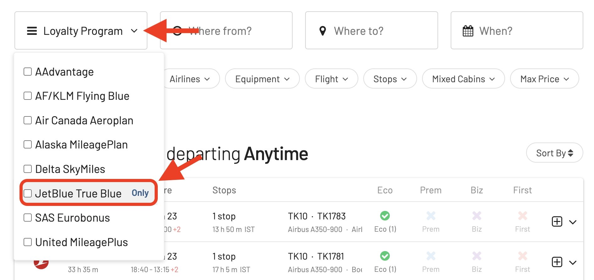 Select TrueBlue in AwardFares.