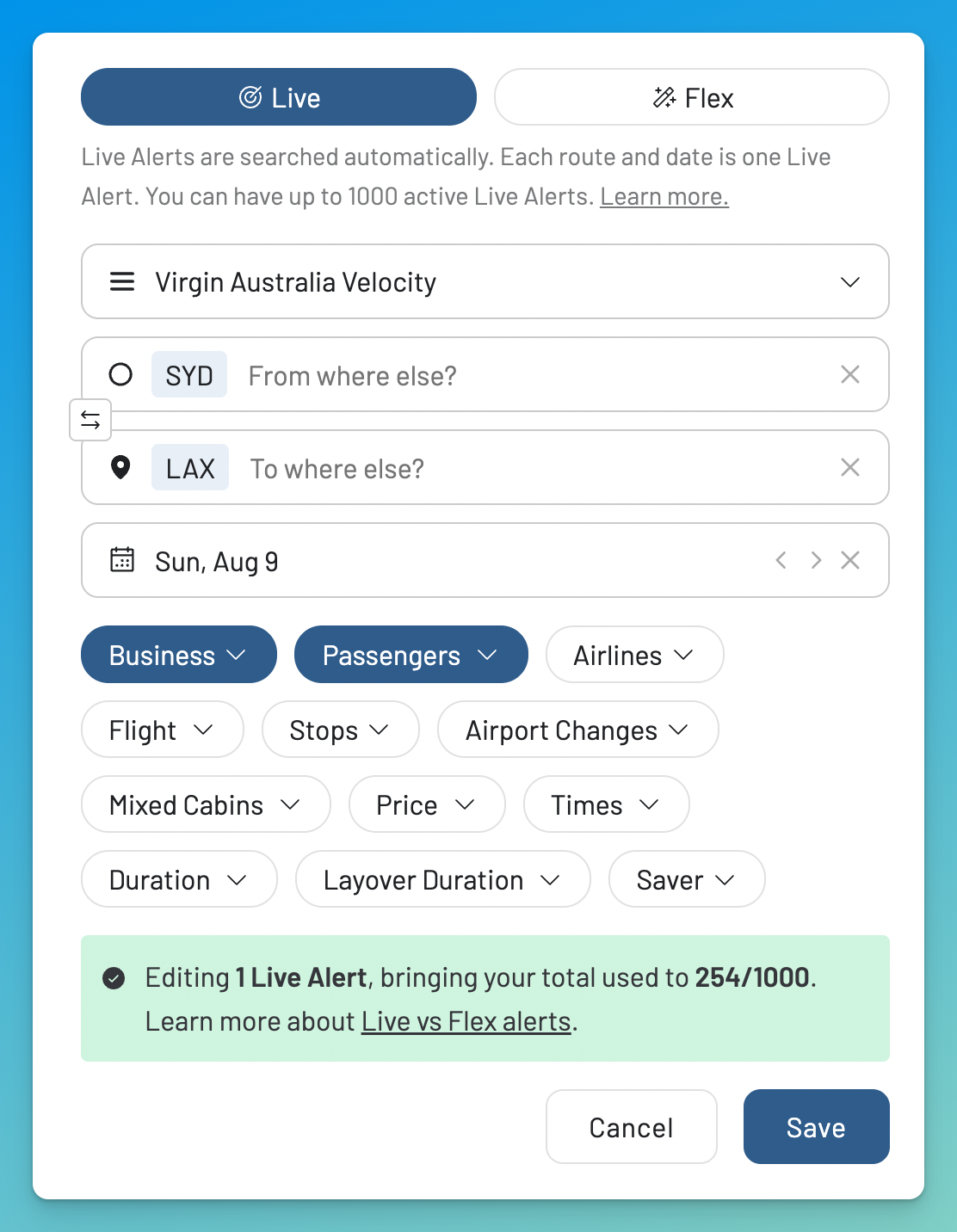 Create an AwardFares alert for Virgin Australia Velocity reward availability.