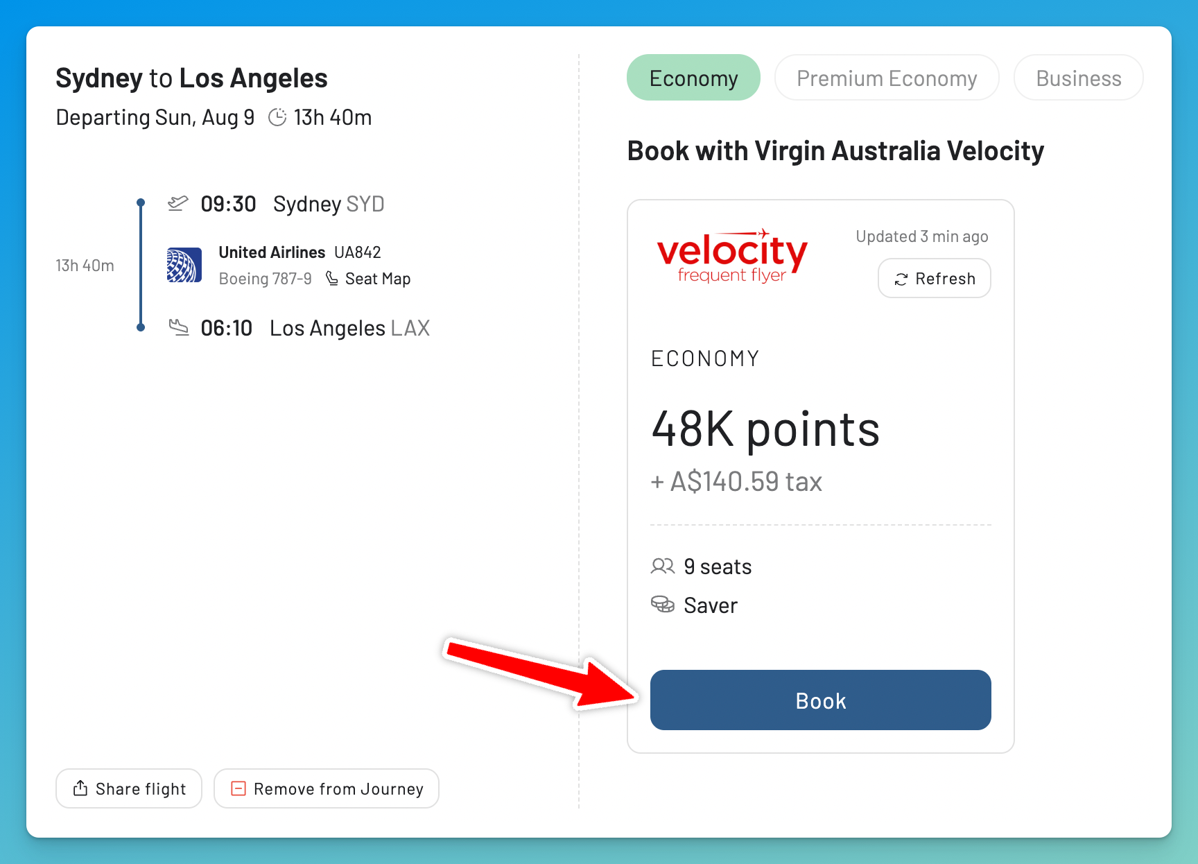 Book Virgin Australia award flights from AwardFares with the Book button.