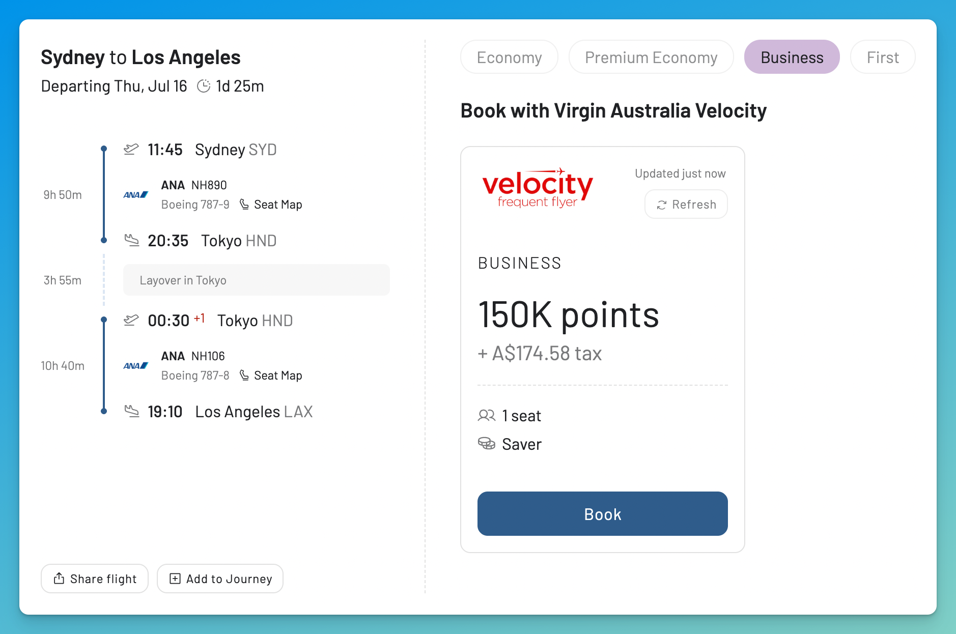 Expanded flight details for a Virgin Australia Velocity award search in AwardFares.
