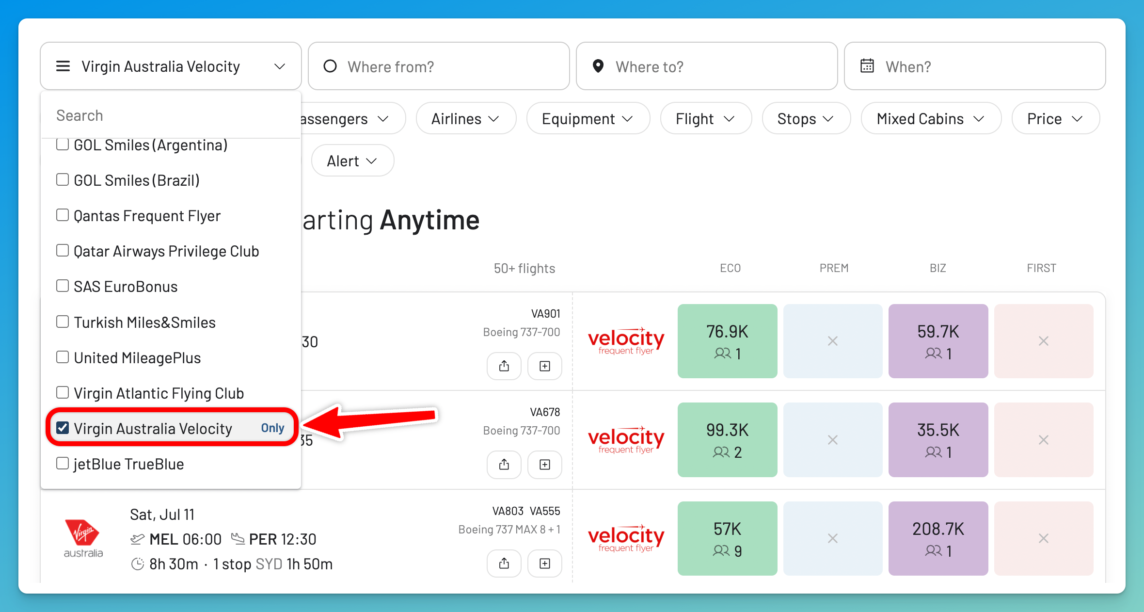 Select Virgin Australia Velocity in the AwardFares loyalty program picker.