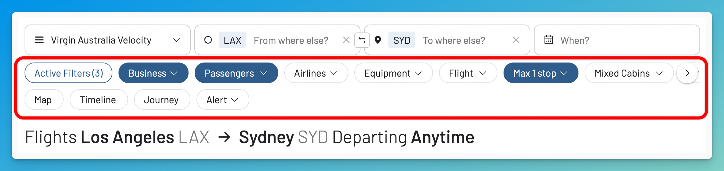 Filter Velocity reward results by airline, cabin, stops, or points price in AwardFares.