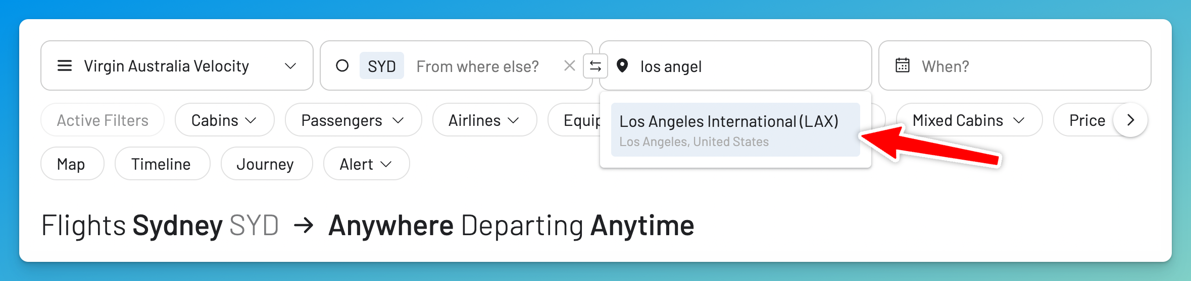 Enter a route when searching Velocity award flights in AwardFares.