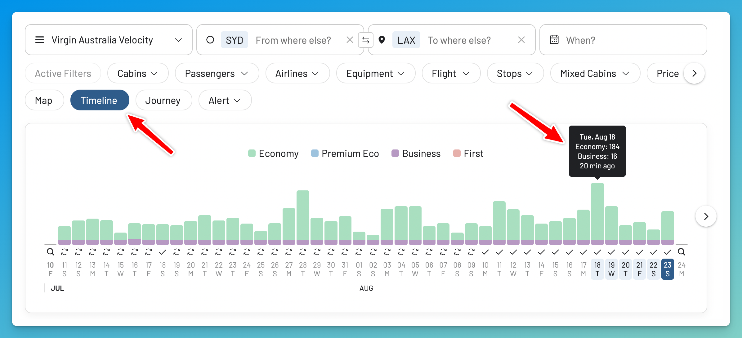 Explore Virgin Australia Velocity award flights for different dates in AwardFares.