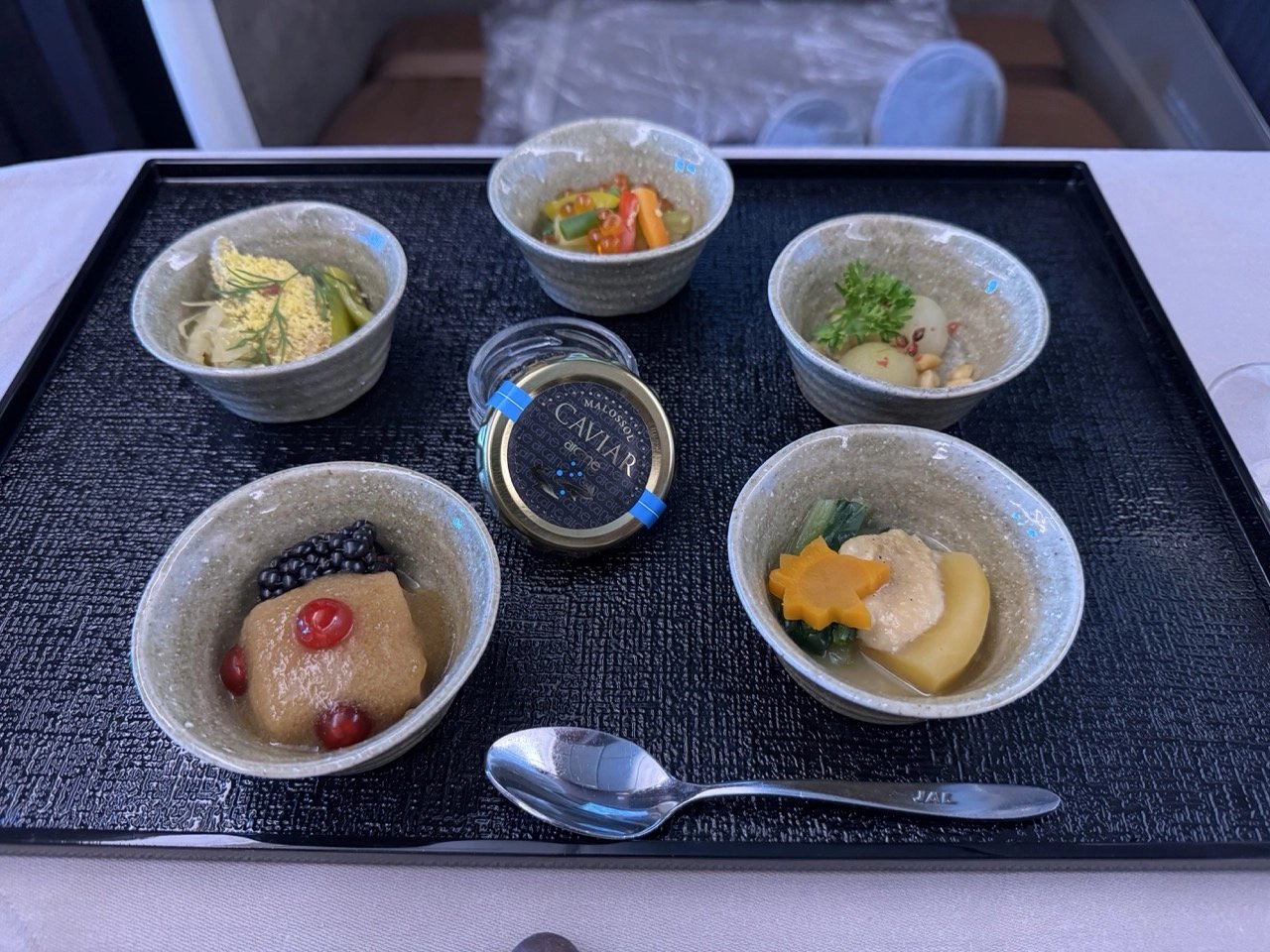 Caviar service alongside Japanese appetizers (Sakizuke and Zensai)
