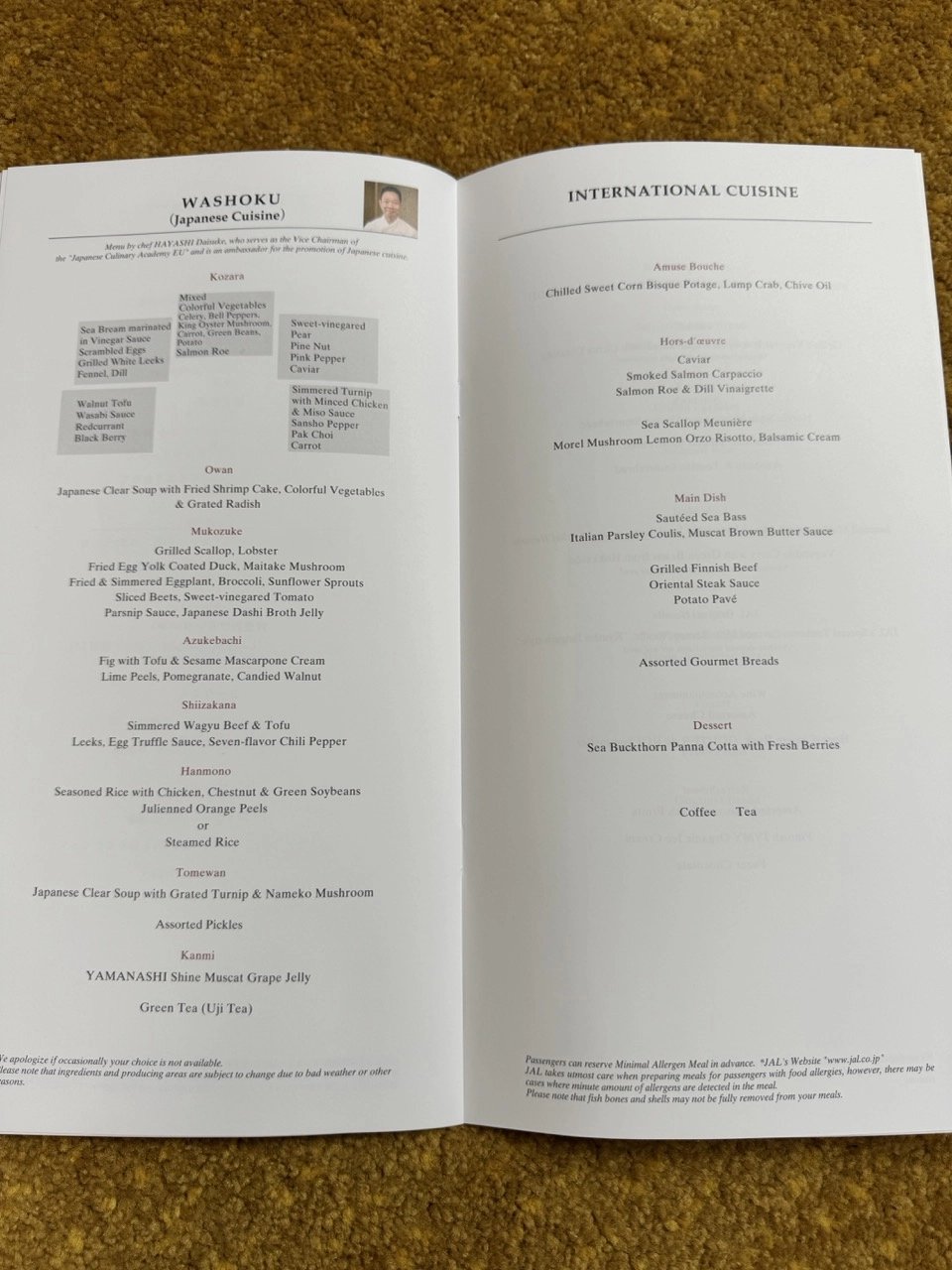 Menu page showing Japanese WASHOKU and International courses