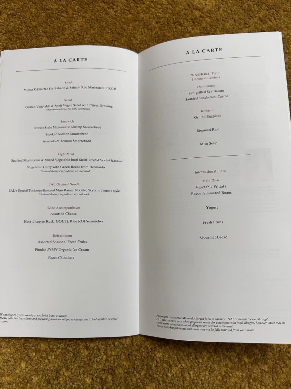 JAL First Class a la carte menu options