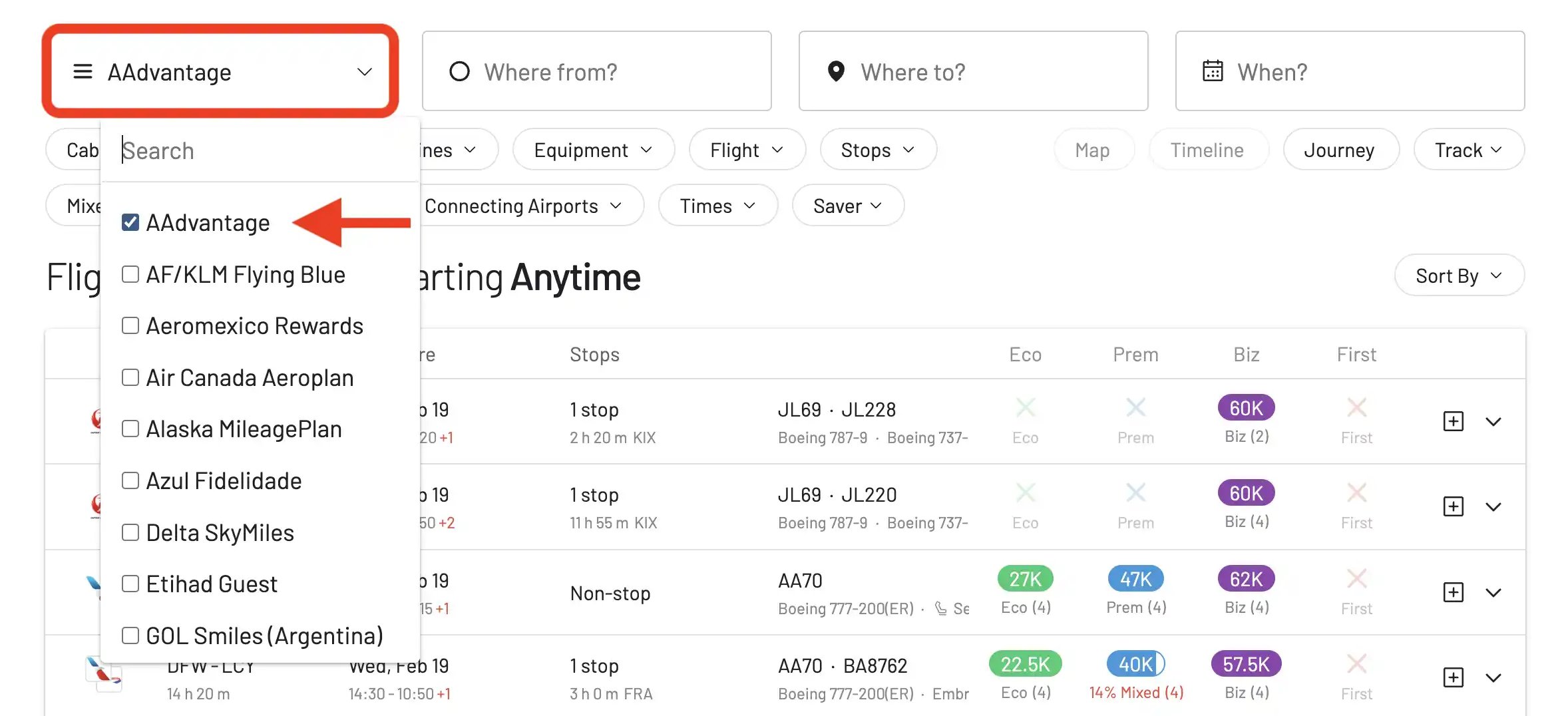 Select AAdvantage in AwardFares Frequent Flyer Program Picker.