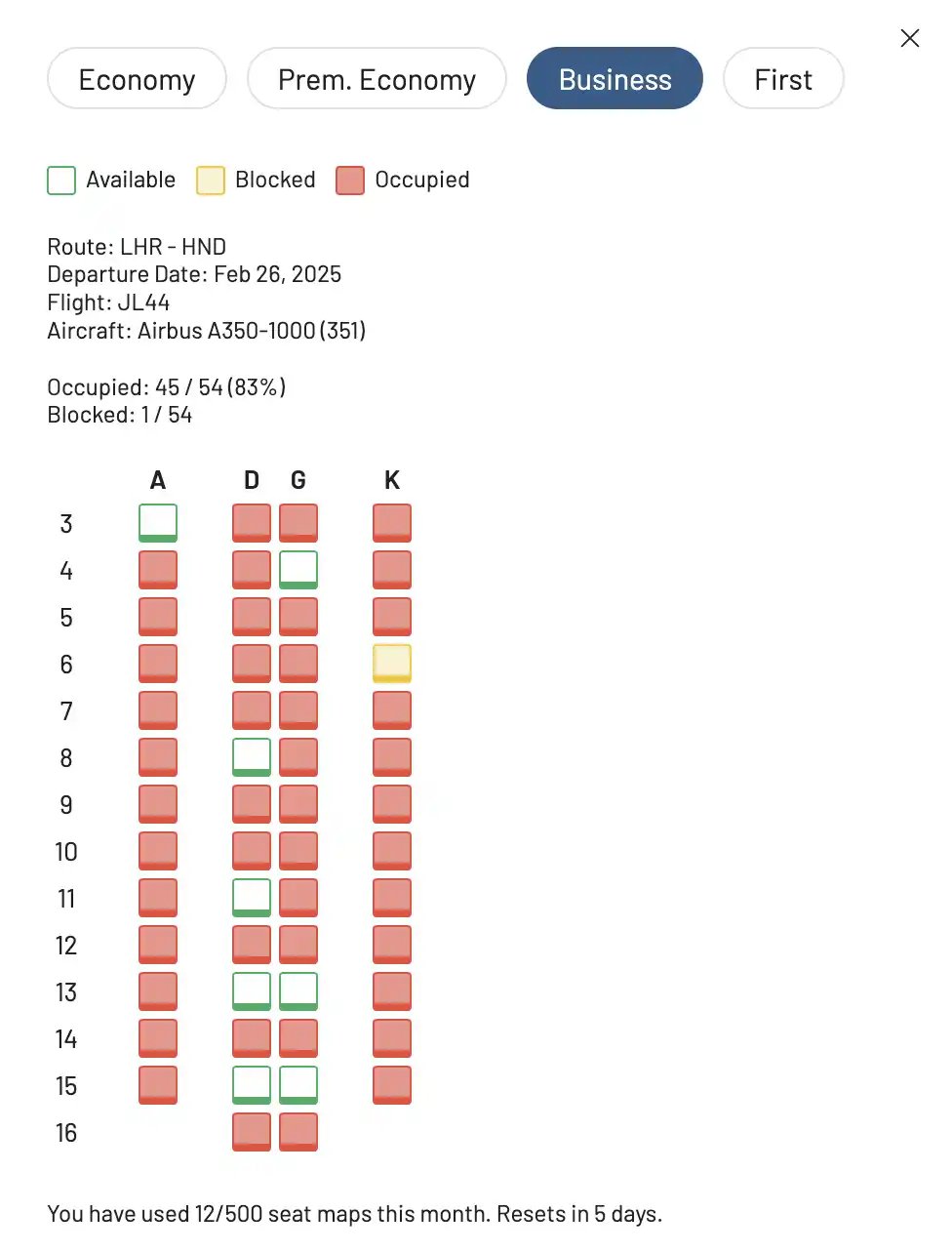 Check Japan Airlines Business Class seat maps using AwardFares.