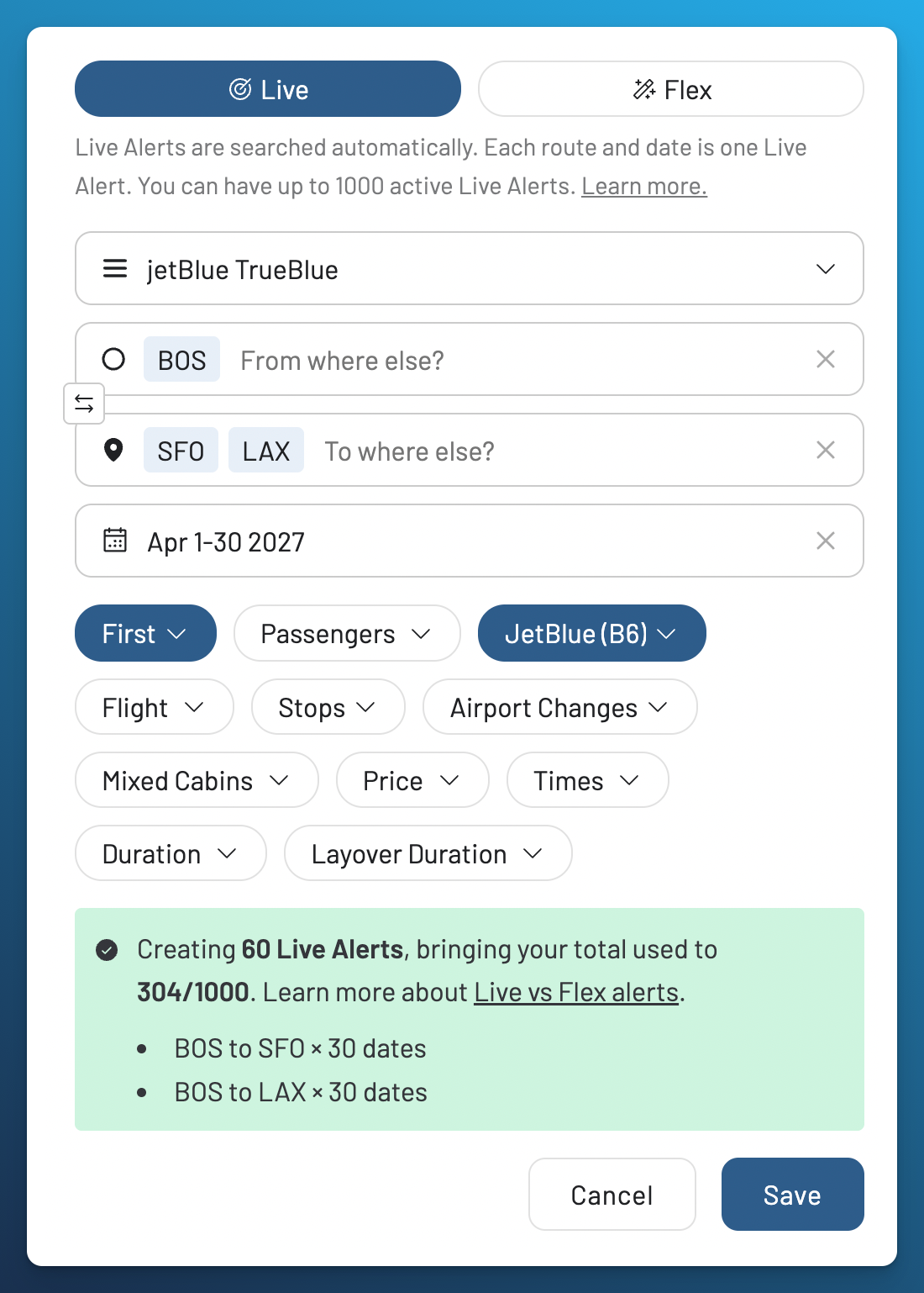 AwardFares alert for JetBlue TrueBlue