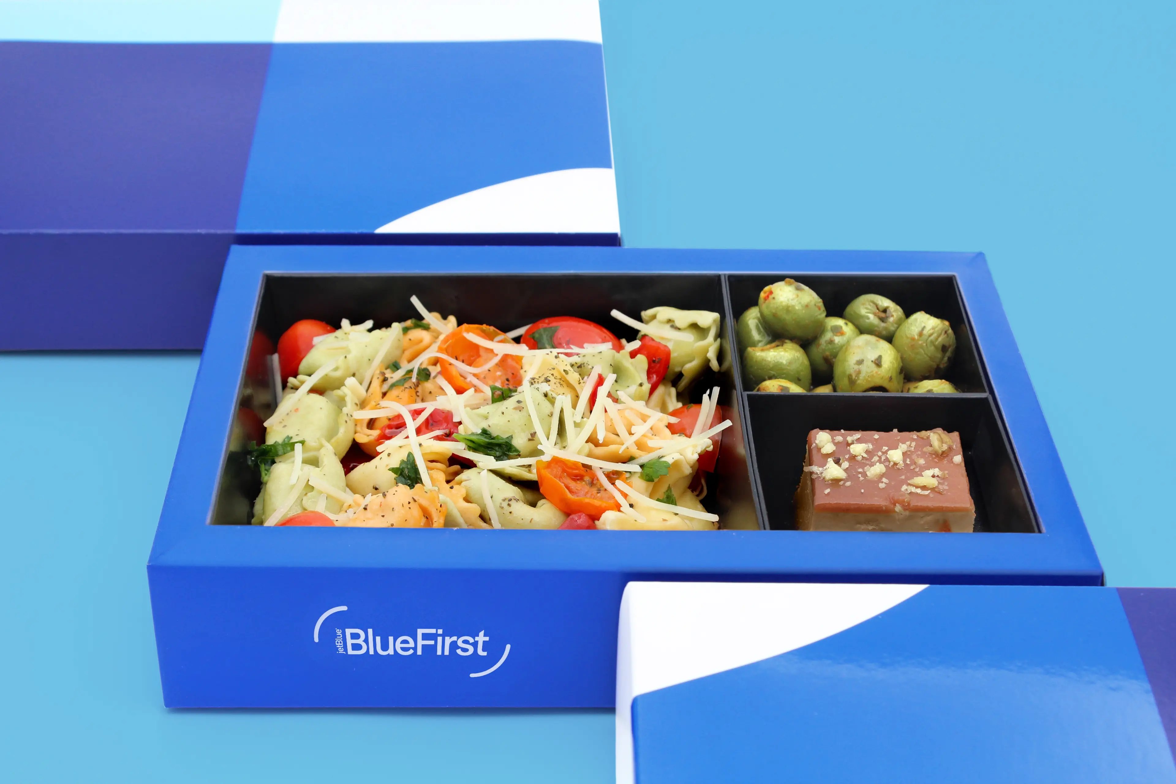 JetBlue BlueFirst FirstFare meal served in a blue bento inspired box.