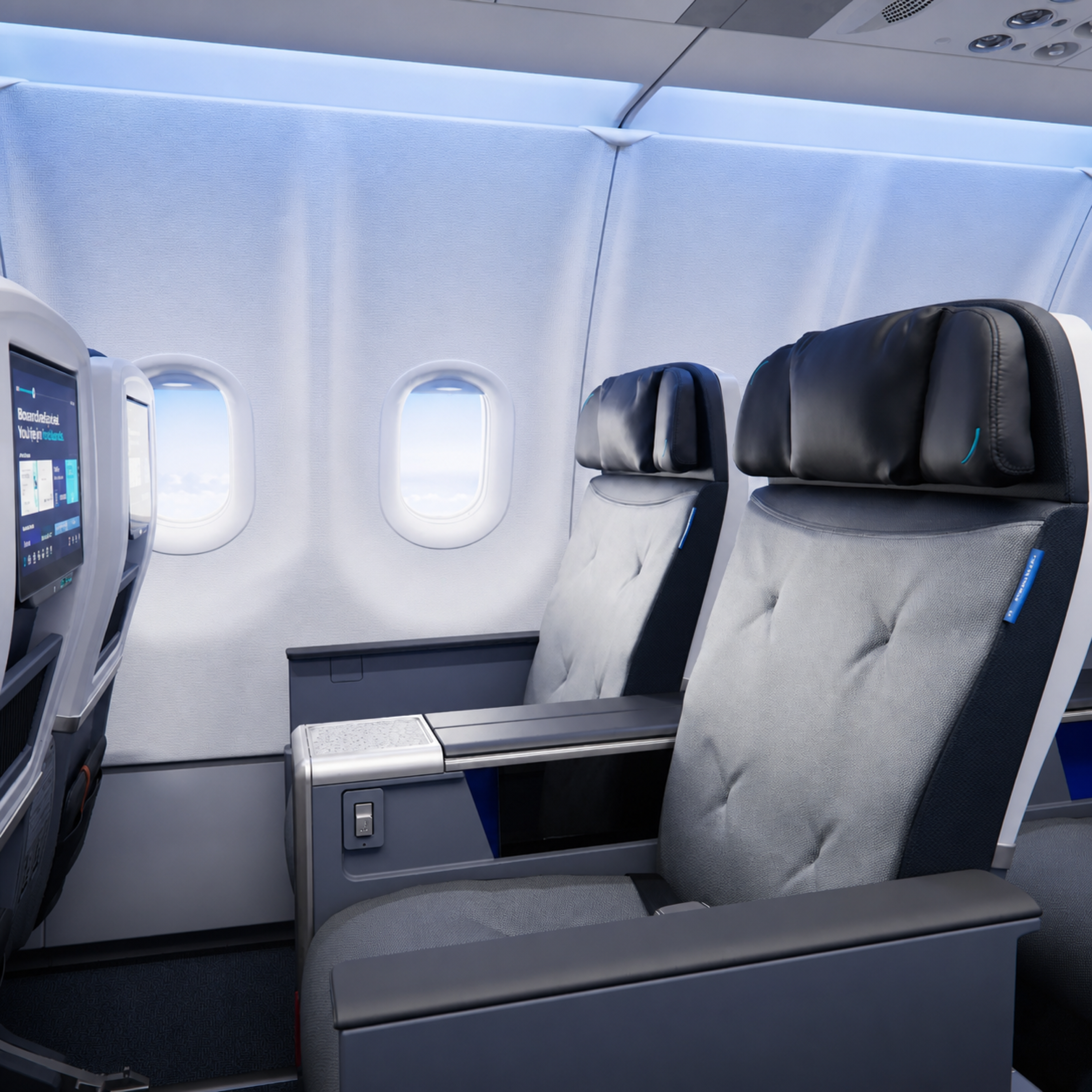 Two JetBlue BlueFirst domestic First Class recliner seats in a 2 by 2 cabin layout.