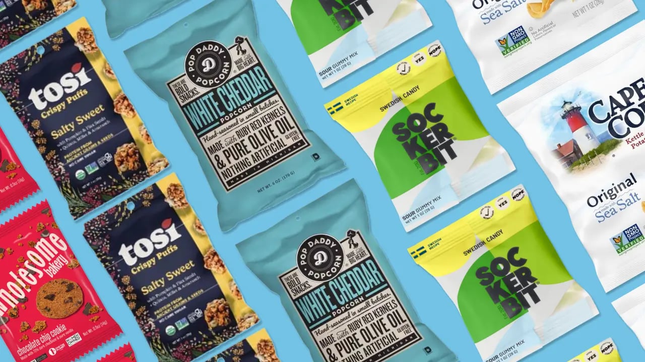 Selection of premium packaged snacks available to JetBlue BlueFirst passengers.