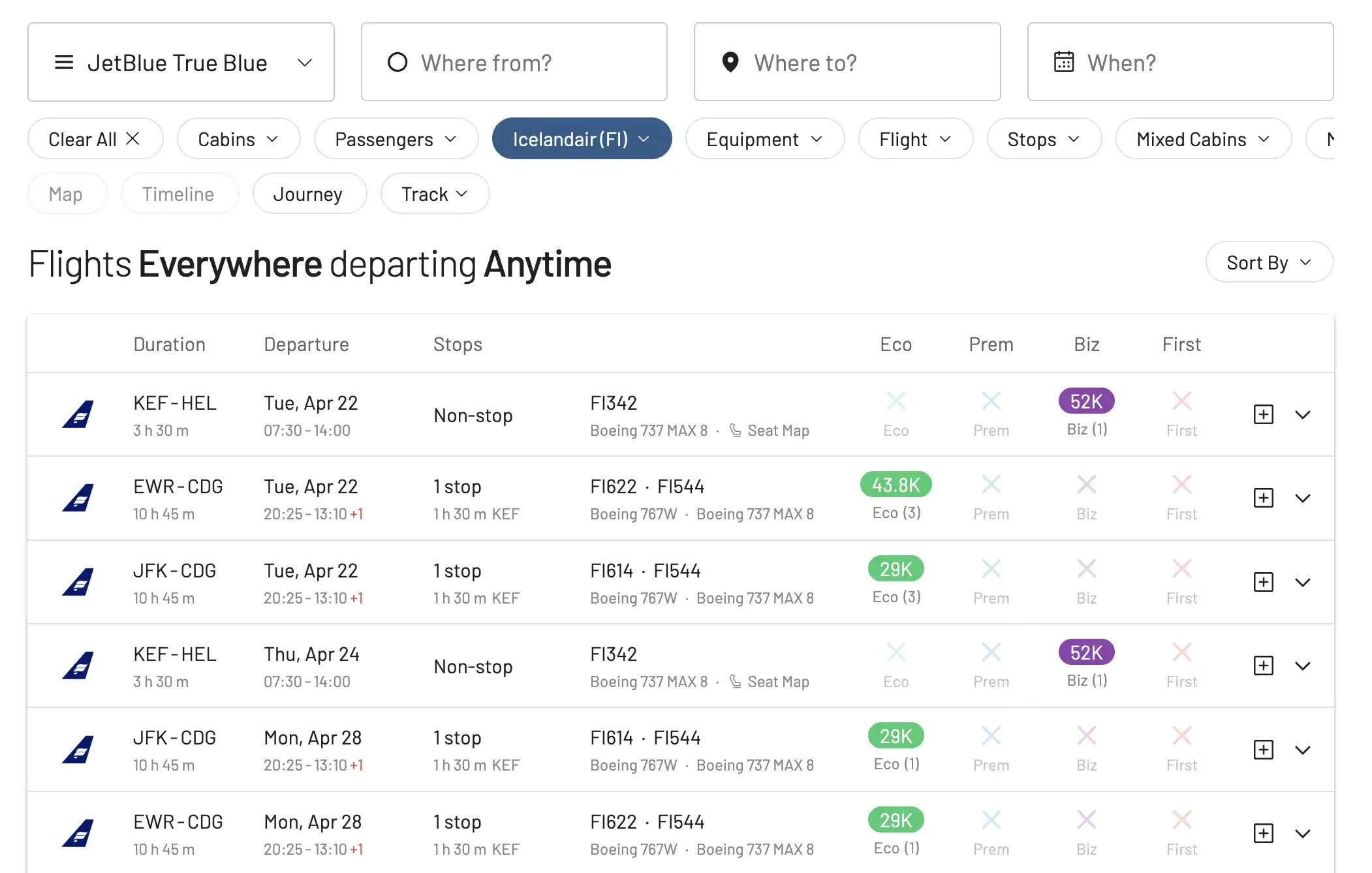 Find award flights on Icelandair using TrueBlue points with AwardFares.
