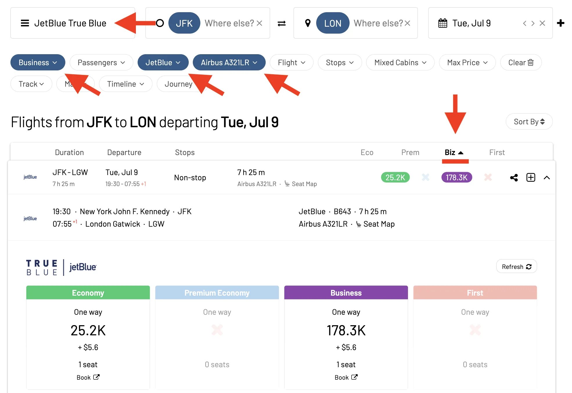 Search and book JetBlue Mint awards using TrueBlue points.