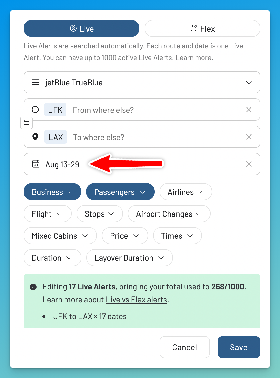 Create an AwardFares alert for JetBlue TrueBlue award availability and price changes.