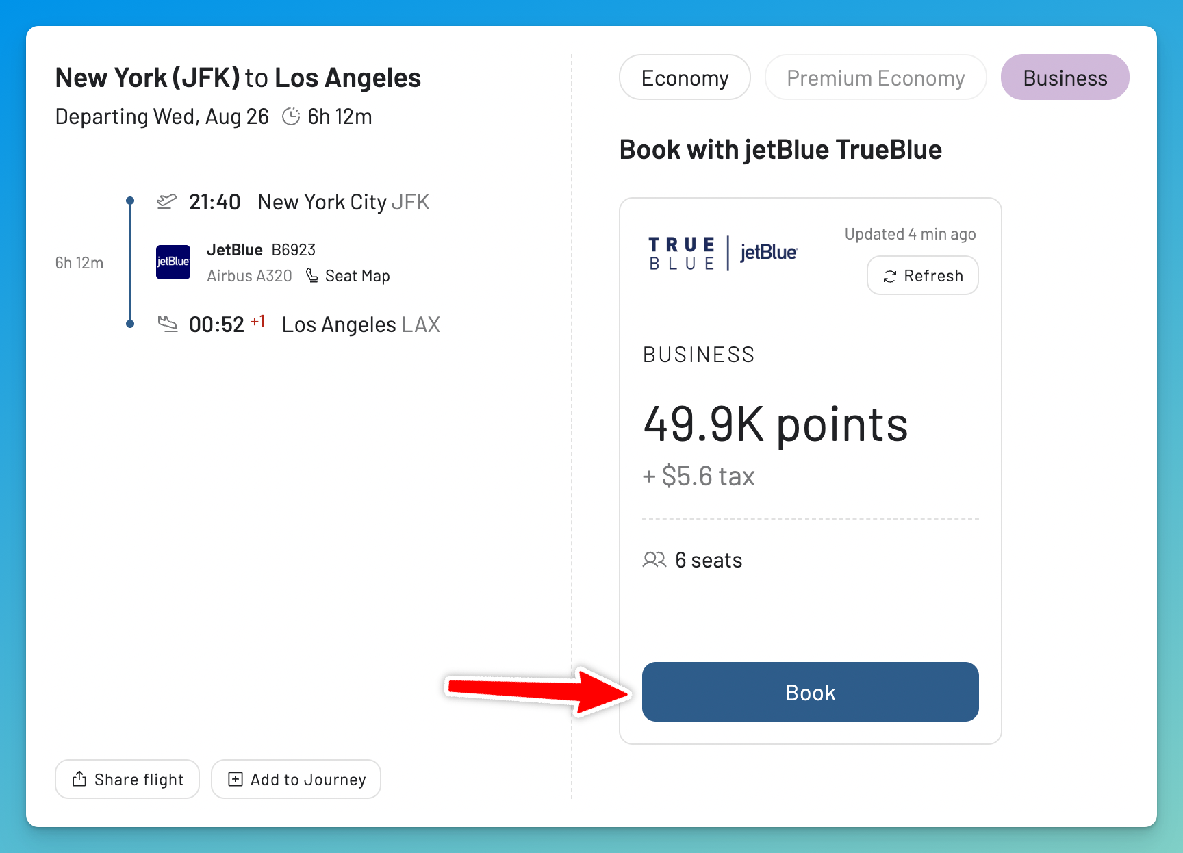 Book JetBlue TrueBlue award flights on jetblue.com directly from AwardFares.
