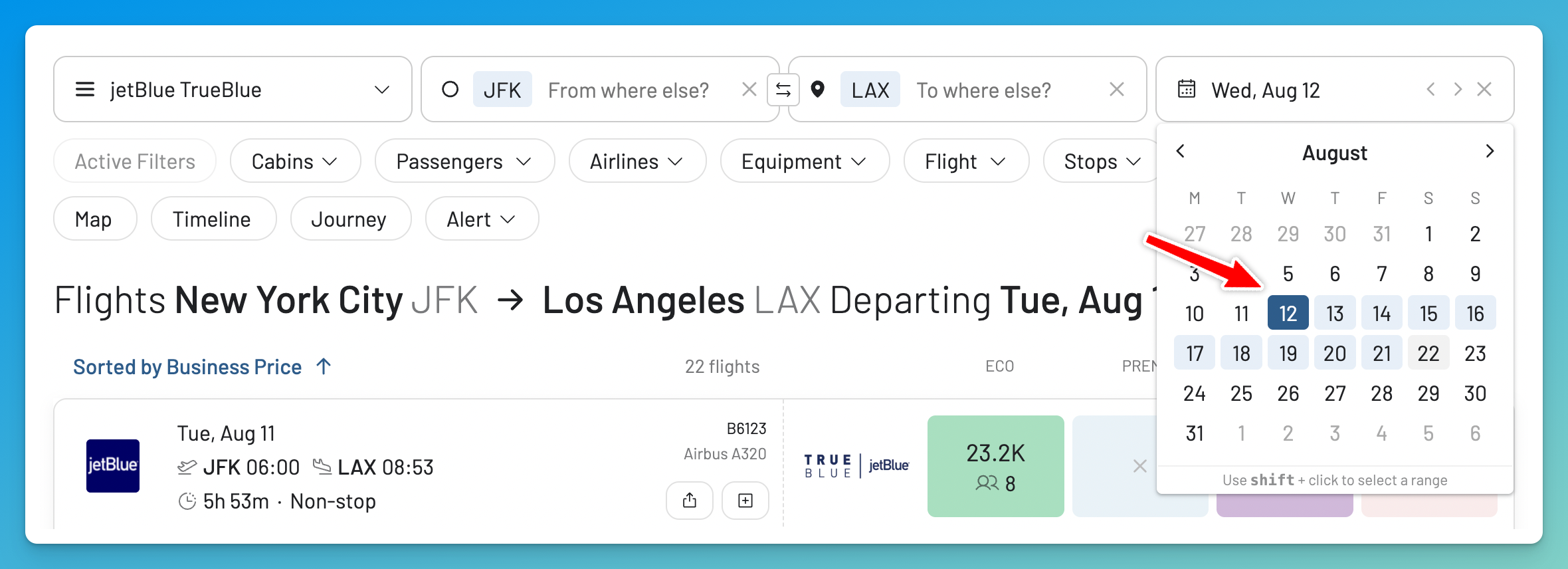 Pick travel dates for a JetBlue TrueBlue award search in AwardFares.