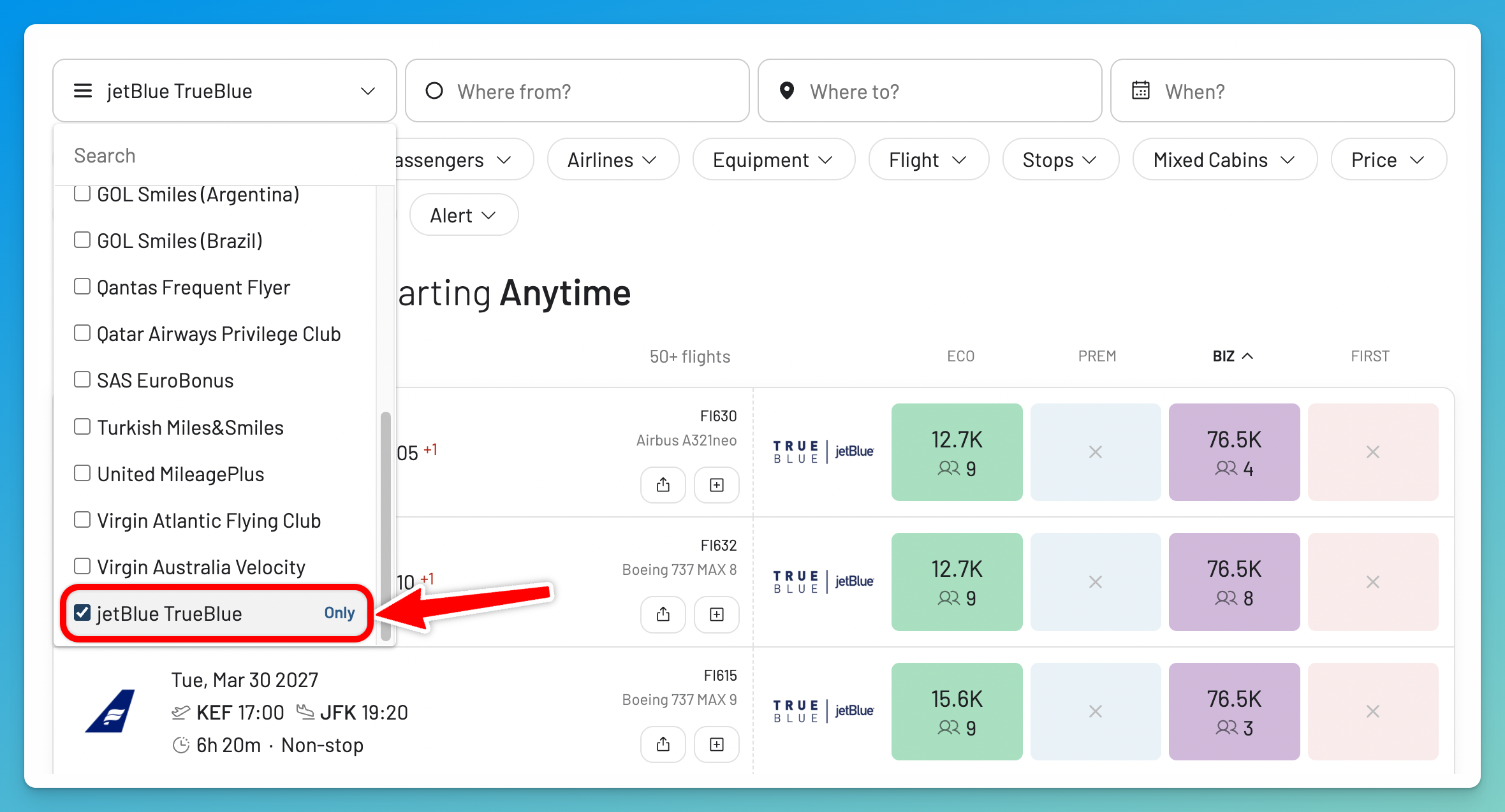 Select JetBlue TrueBlue in the AwardFares frequent flyer program picker.