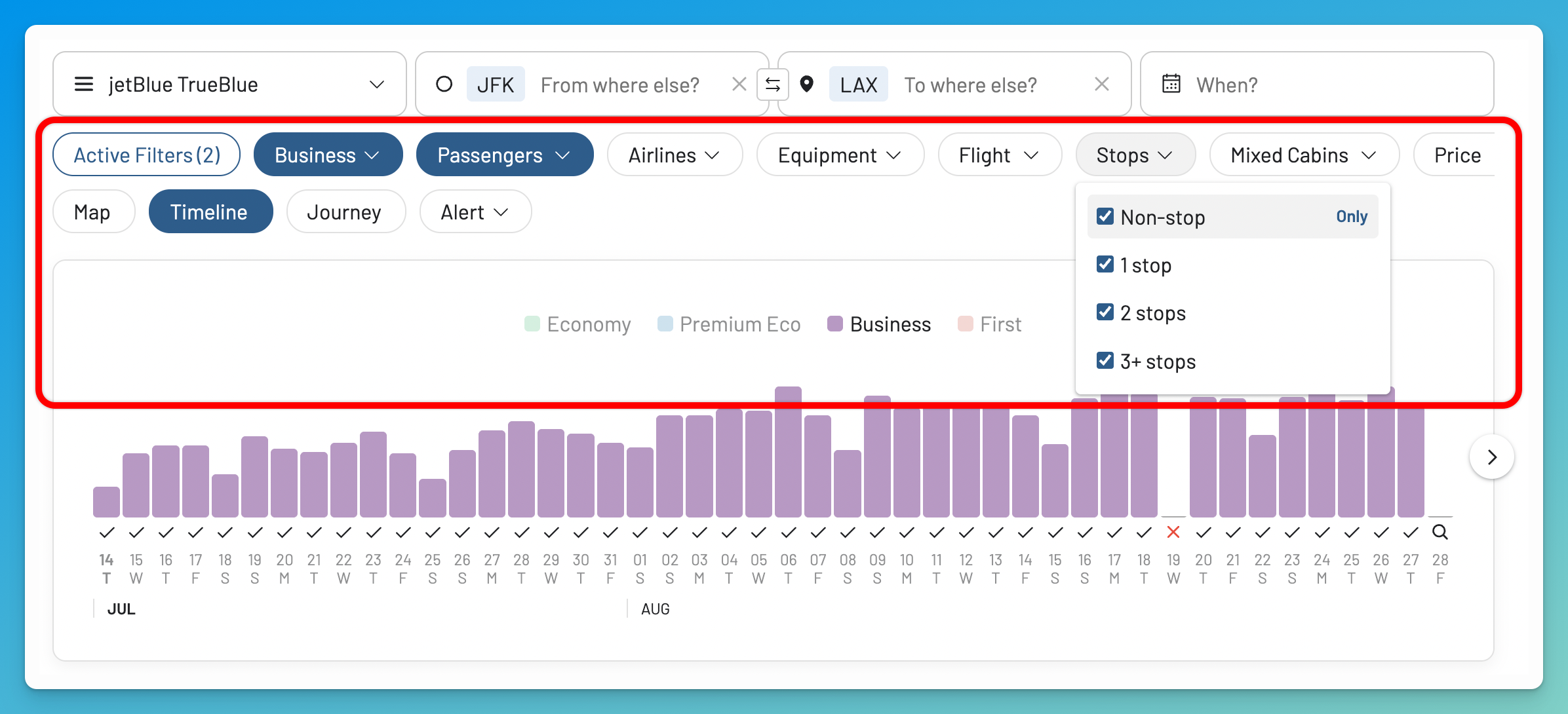 Filter AwardFares results by cabin, airline, points price, or number of stops.