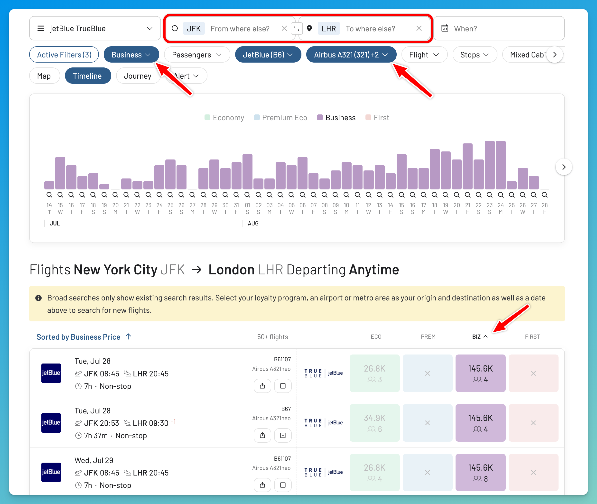 Searching for JetBlue Mint award flights bookable with TrueBlue points.