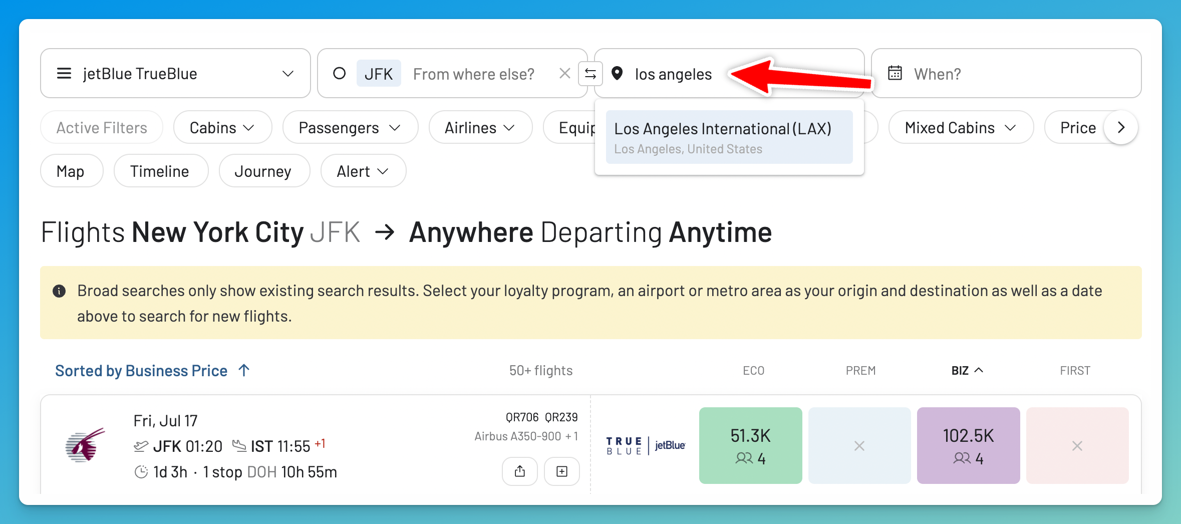 Add a route in AwardFares to search for JetBlue TrueBlue award flights.