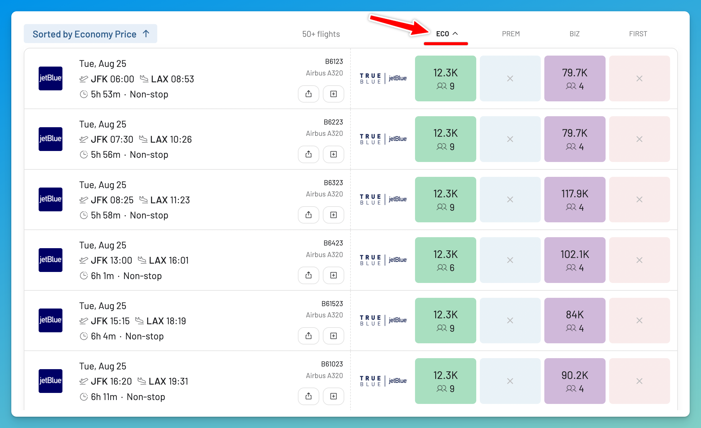 Sort AwardFares results to find the cheapest JetBlue TrueBlue award flights.