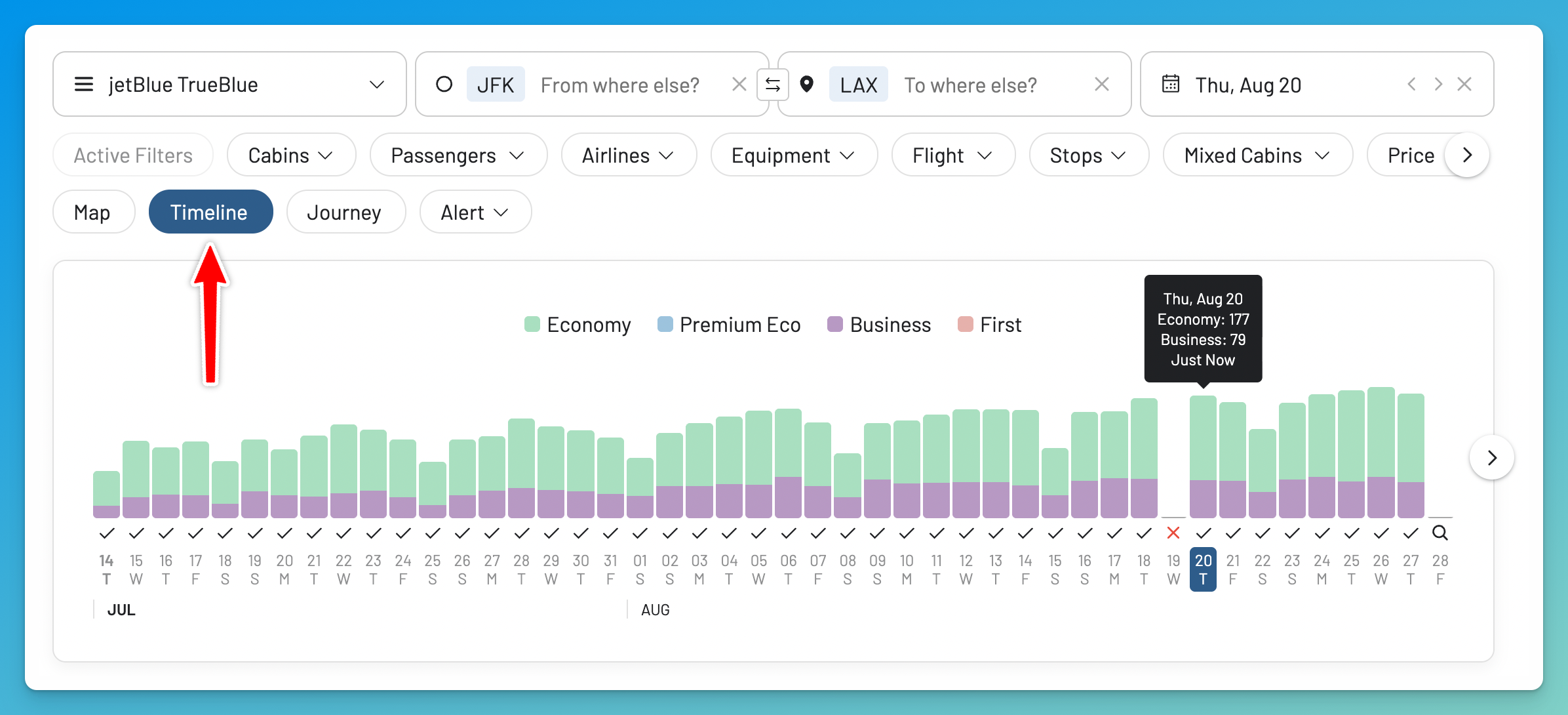 Explore JetBlue TrueBlue award prices across different dates with the AwardFares Timeline View.