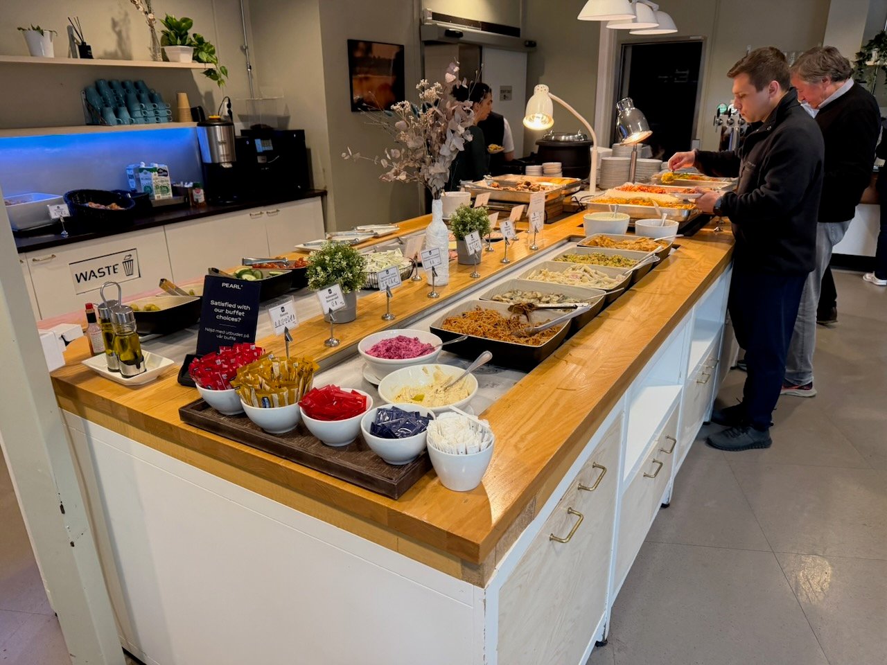 Stockholm pearl lounge buffet island on the KLM Amsterdam to Buenos Aires review.
