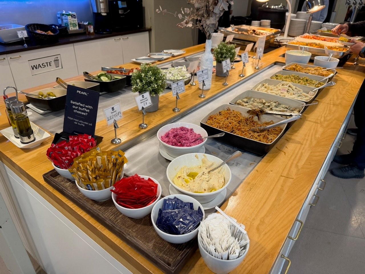 Stockholm pearl lounge salad bar on the KLM Amsterdam to Buenos Aires review.