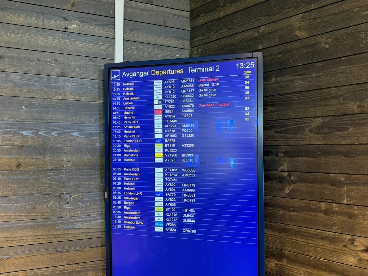 Stockholm ARN departures board on the KLM Amsterdam to Buenos Aires review.