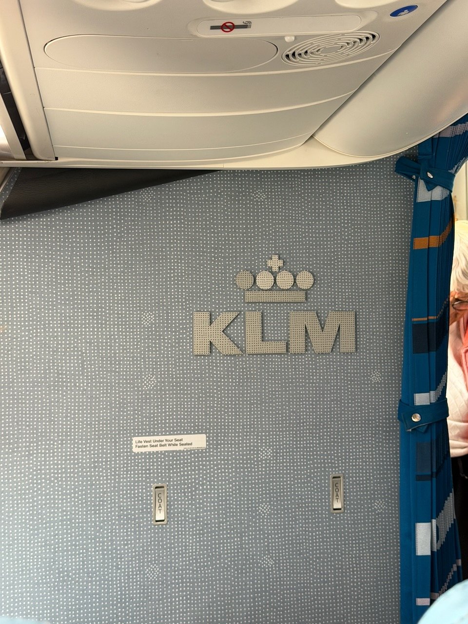 KLM ARN AMS cabin carpet logo on the KLM Amsterdam to Buenos Aires review.