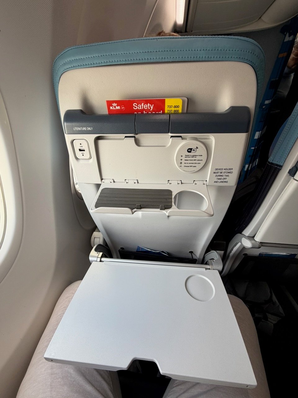 KLM ARN AMS tray table on the KLM Amsterdam to Buenos Aires review.